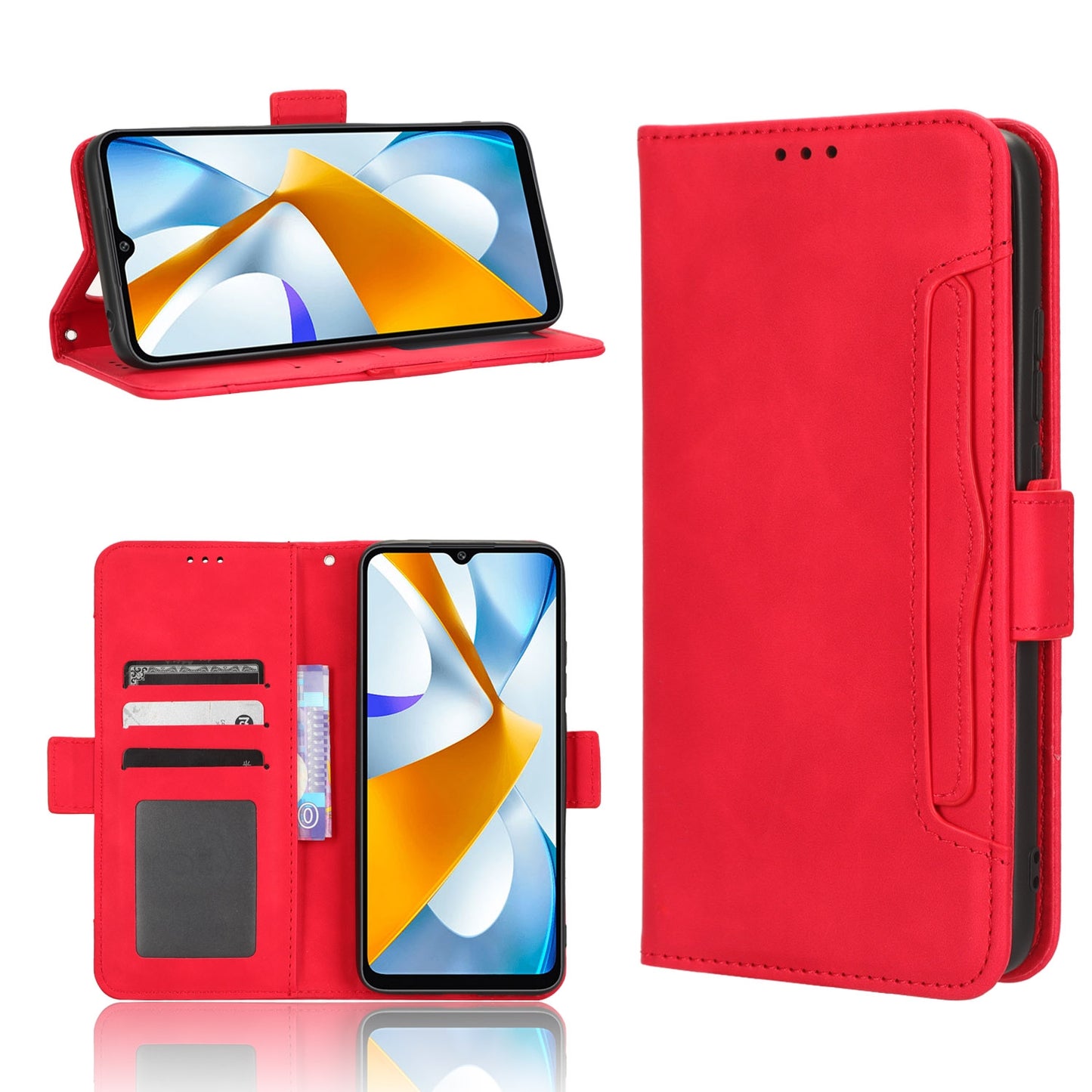 Xiaomi Poco C40 Skin Feel PU Leather Wallet Phone Case with Card Slots, Cash Pocket, Magnetic Closure, Built-In Stand, Full Protection TPU Cover
