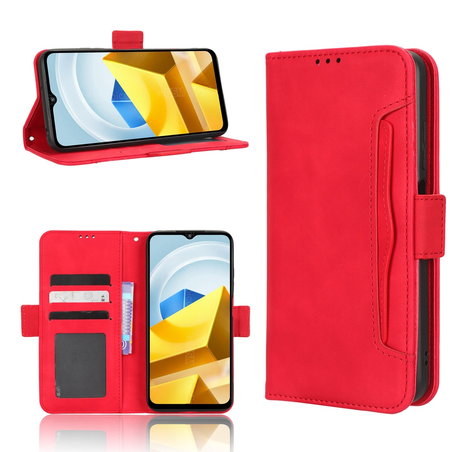 Xiaomi Poco M5 Skin Feel PU Leather Wallet Phone Case with Card Slots, Cash Pocket, Magnetic Closure, Built-In Stand, Full Protection TPU Cover