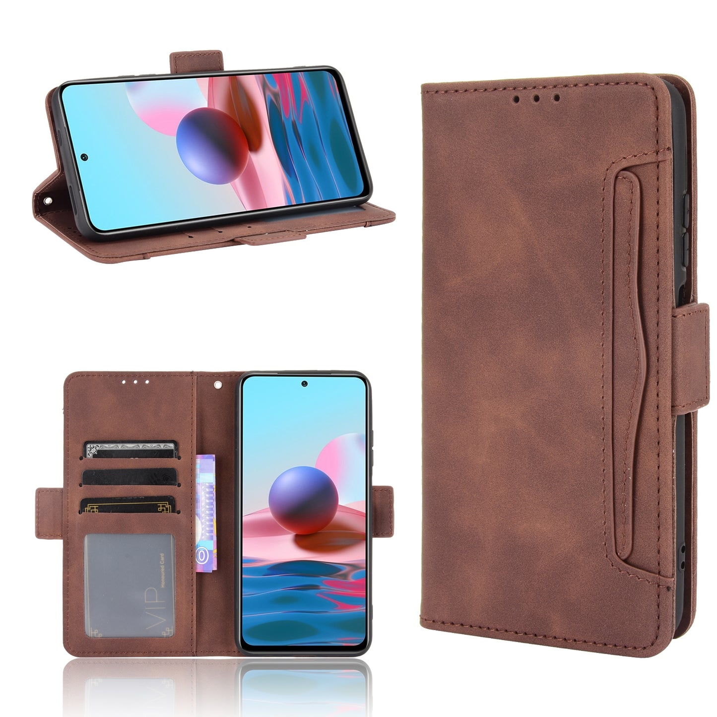 Xiaomi Redmi Note 10S Skin Feel PU Leather Wallet Phone Case with Card Slots, Cash Pocket, Magnetic Closure, Built-In Stand, Full Protection TPU Cover
