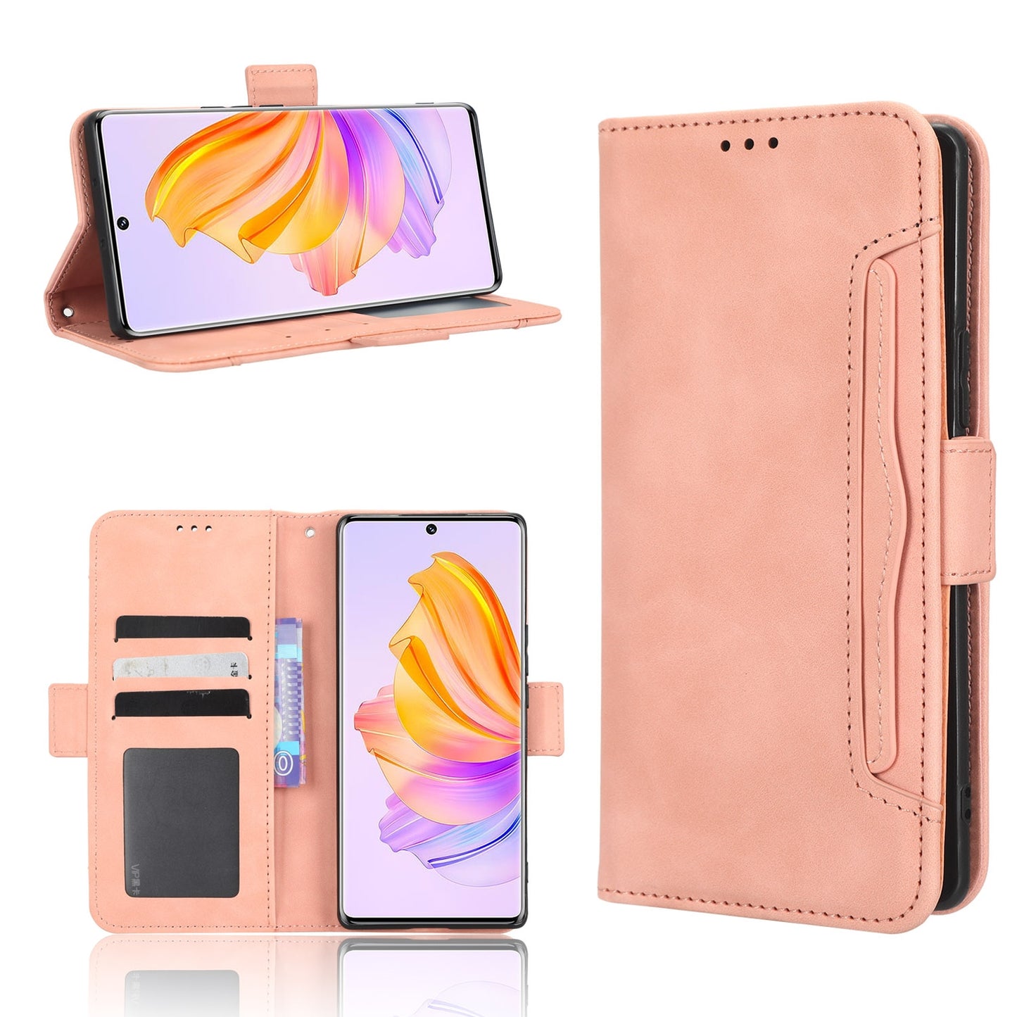 Honor 80 SE 5G Skin Feel PU Leather Wallet Phone Case with Card Slots, Cash Pocket, Magnetic Closure, Built-In Stand, Full Protection TPU Cover