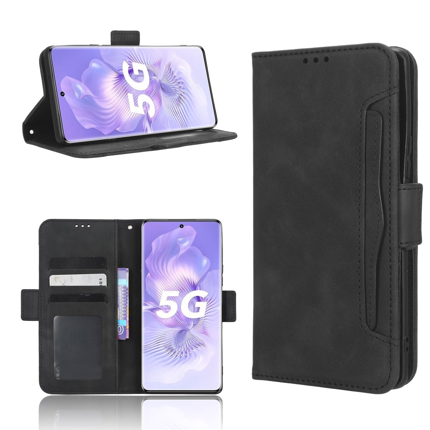 Honor 80 5G Skin Feel PU Leather Wallet Phone Case with Card Slots, Cash Pocket, Magnetic Closure, Built-In Stand, Full Protection TPU Cover
