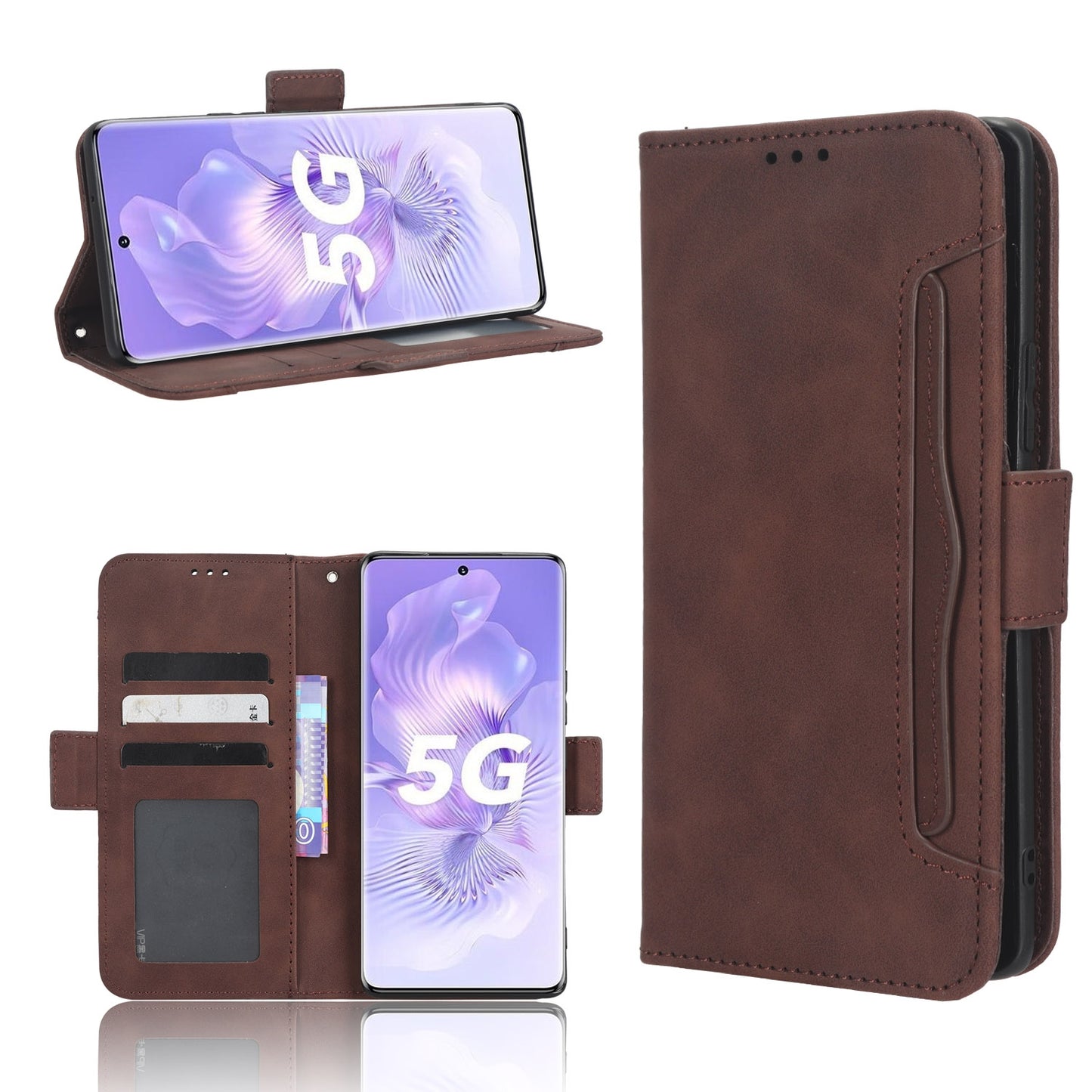Honor 80 5G Skin Feel PU Leather Wallet Phone Case with Card Slots, Cash Pocket, Magnetic Closure, Built-In Stand, Full Protection TPU Cover