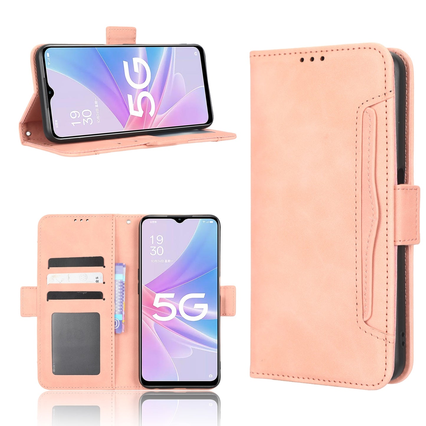 OPPO A58 5G Skin Feel PU Leather Wallet Phone Case with Card Slots, Cash Pocket, Magnetic Closure, Built-In Stand, Full Protection TPU Cover