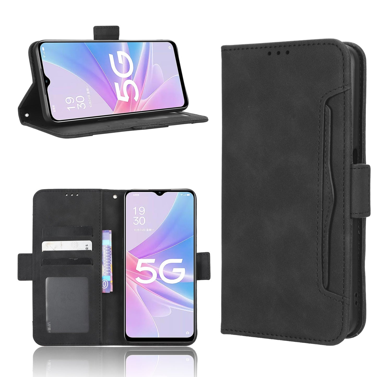 OPPO A58 5G Skin Feel PU Leather Wallet Phone Case with Card Slots, Cash Pocket, Magnetic Closure, Built-In Stand, Full Protection TPU Cover