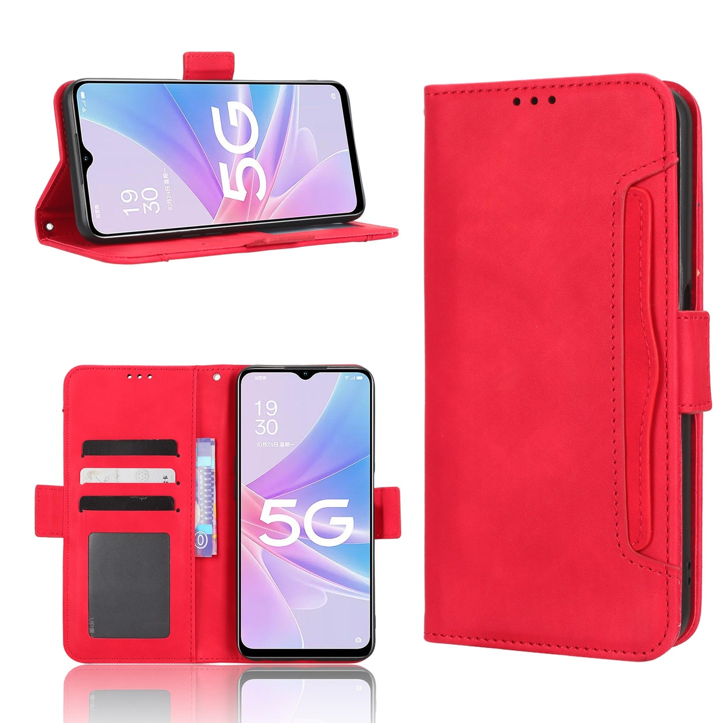 OPPO A58 5G Skin Feel PU Leather Wallet Phone Case with Card Slots, Cash Pocket, Magnetic Closure, Built-In Stand, Full Protection TPU Cover