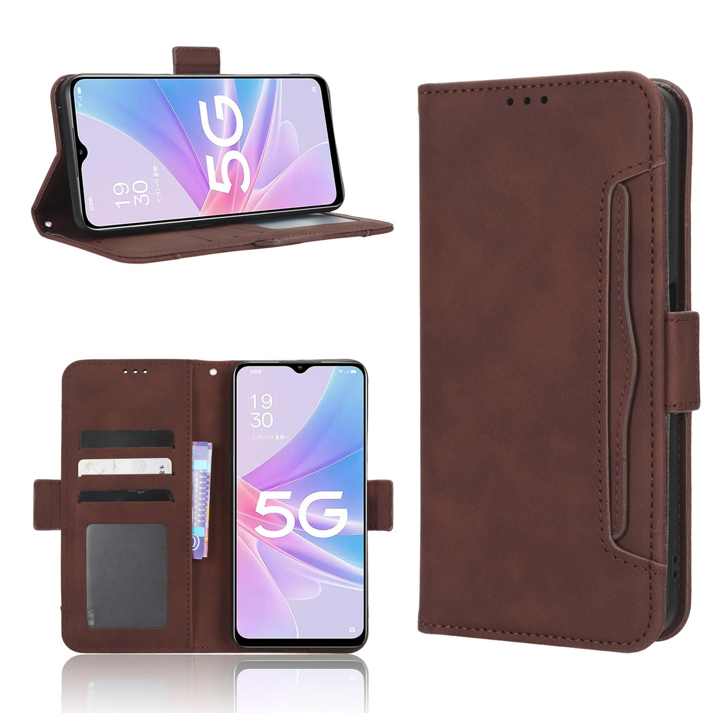 OPPO A58 5G Skin Feel PU Leather Wallet Phone Case with Card Slots, Cash Pocket, Magnetic Closure, Built-In Stand, Full Protection TPU Cover