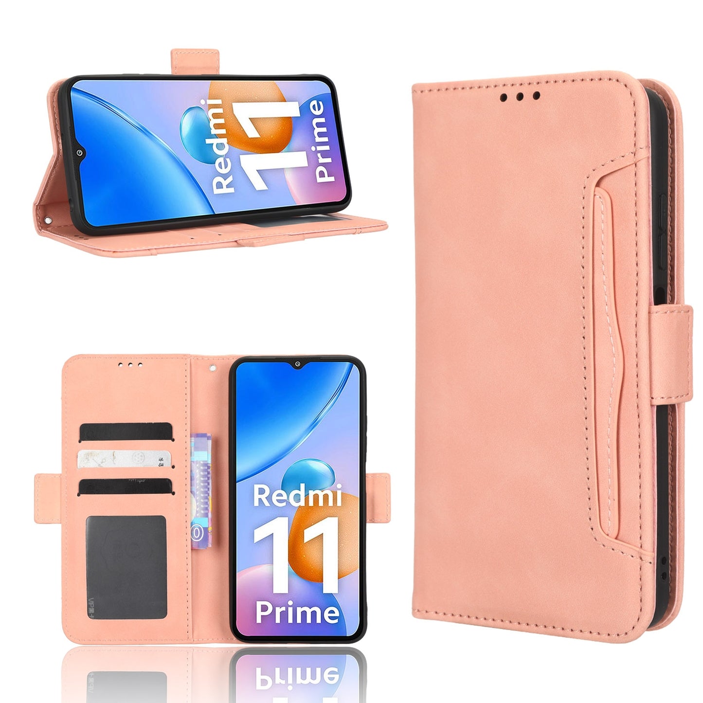 Xiaomi Redmi 11 Prime 4G Skin Feel PU Leather Wallet Phone Case with Card Slots, Cash Pocket, Magnetic Closure, Built-In Stand, Full Protection TPU Cover