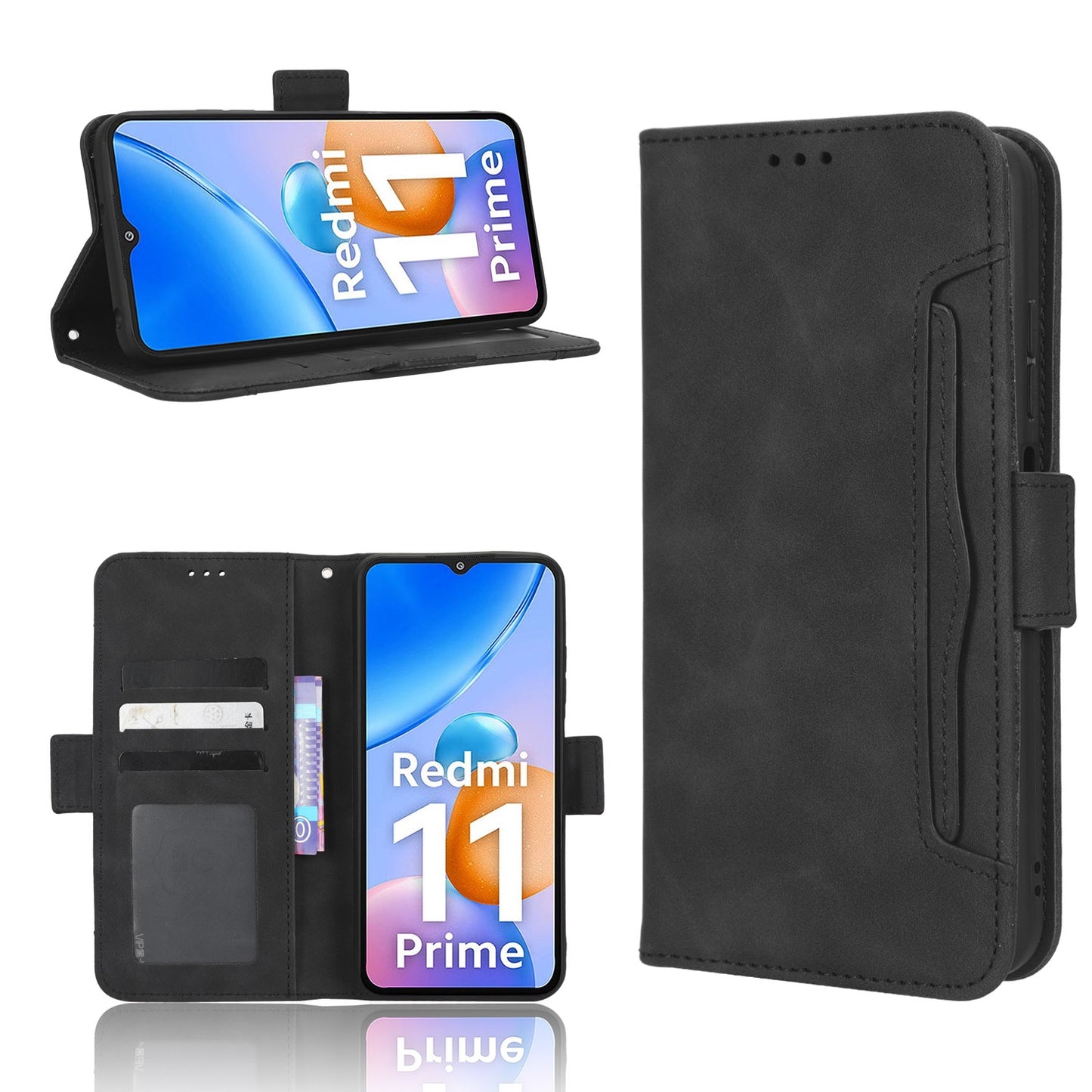 Xiaomi Redmi 11 Prime 4G Skin Feel PU Leather Wallet Phone Case with Card Slots, Cash Pocket, Magnetic Closure, Built-In Stand, Full Protection TPU Cover