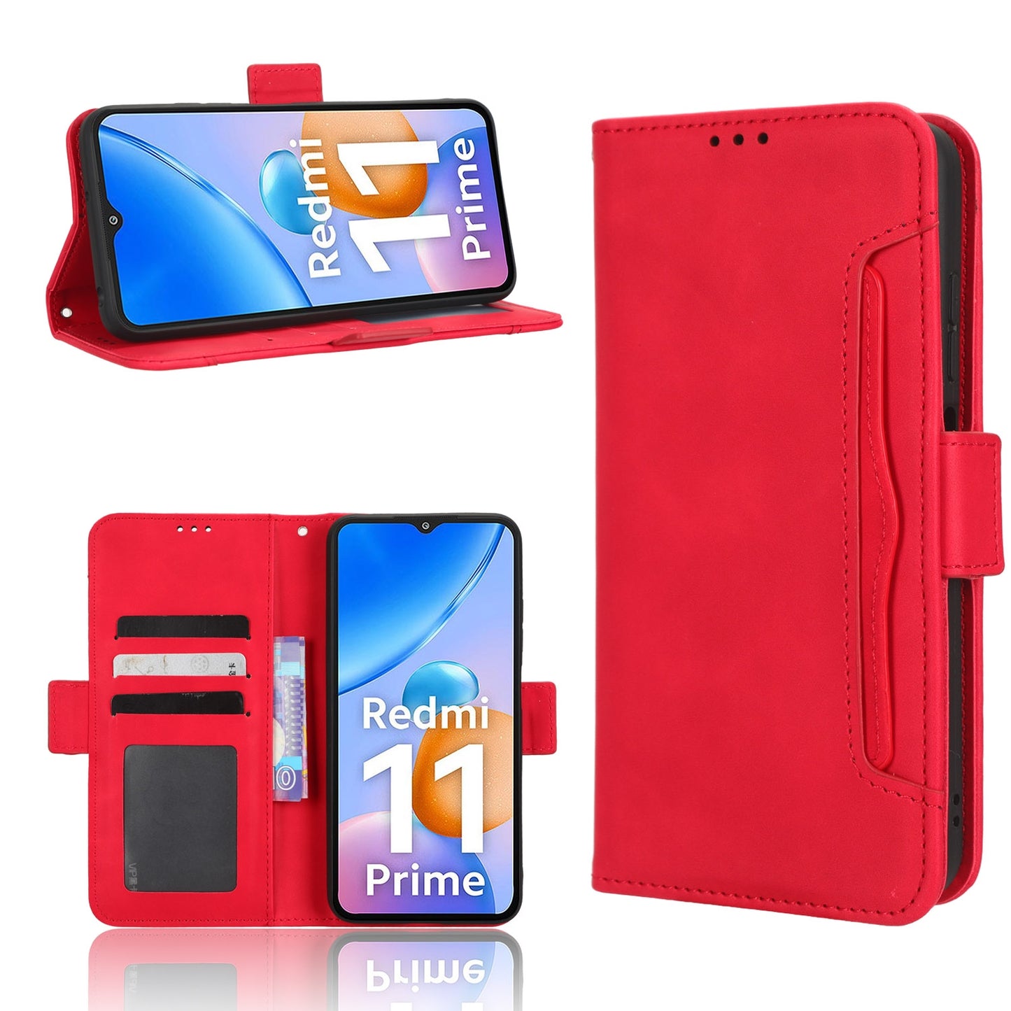 Xiaomi Redmi 11 Prime 4G Skin Feel PU Leather Wallet Phone Case with Card Slots, Cash Pocket, Magnetic Closure, Built-In Stand, Full Protection TPU Cover