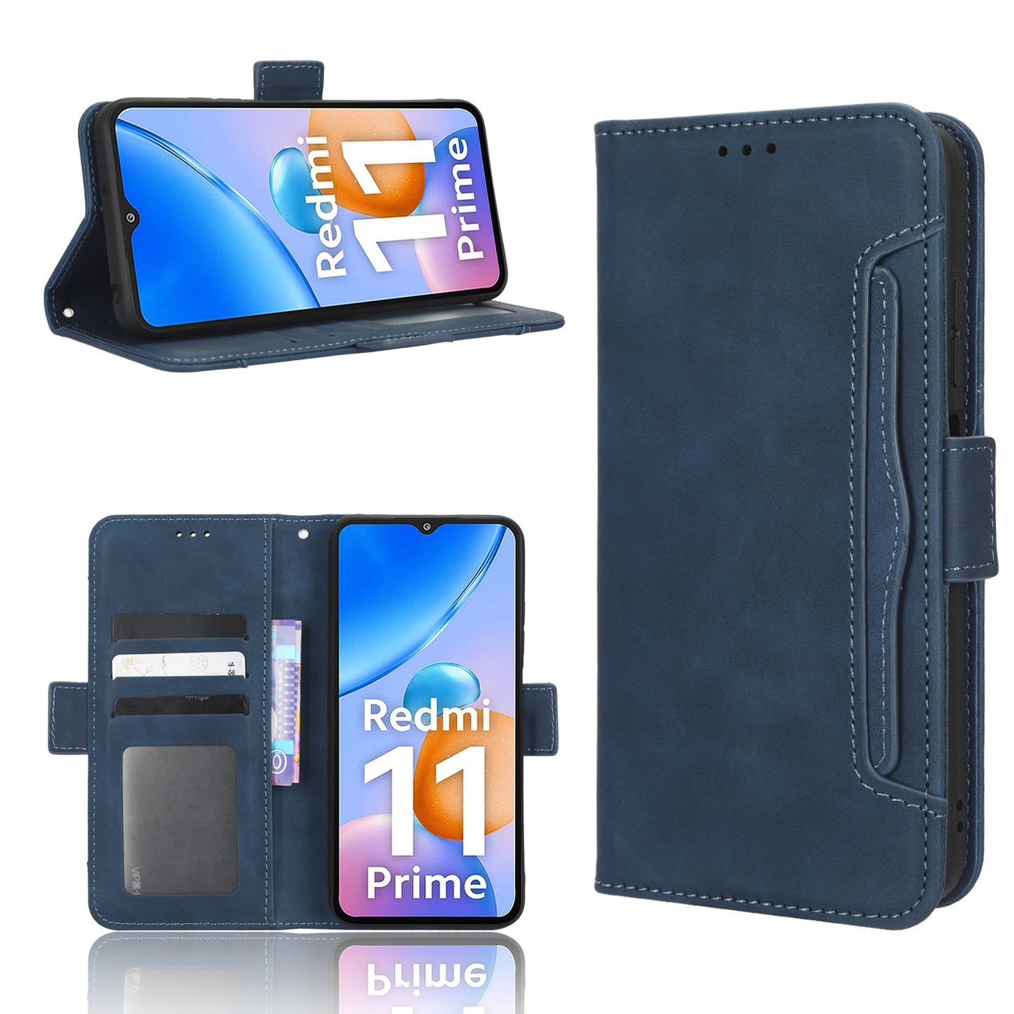 Xiaomi Redmi 11 Prime 4G Skin Feel PU Leather Wallet Phone Case with Card Slots, Cash Pocket, Magnetic Closure, Built-In Stand, Full Protection TPU Cover