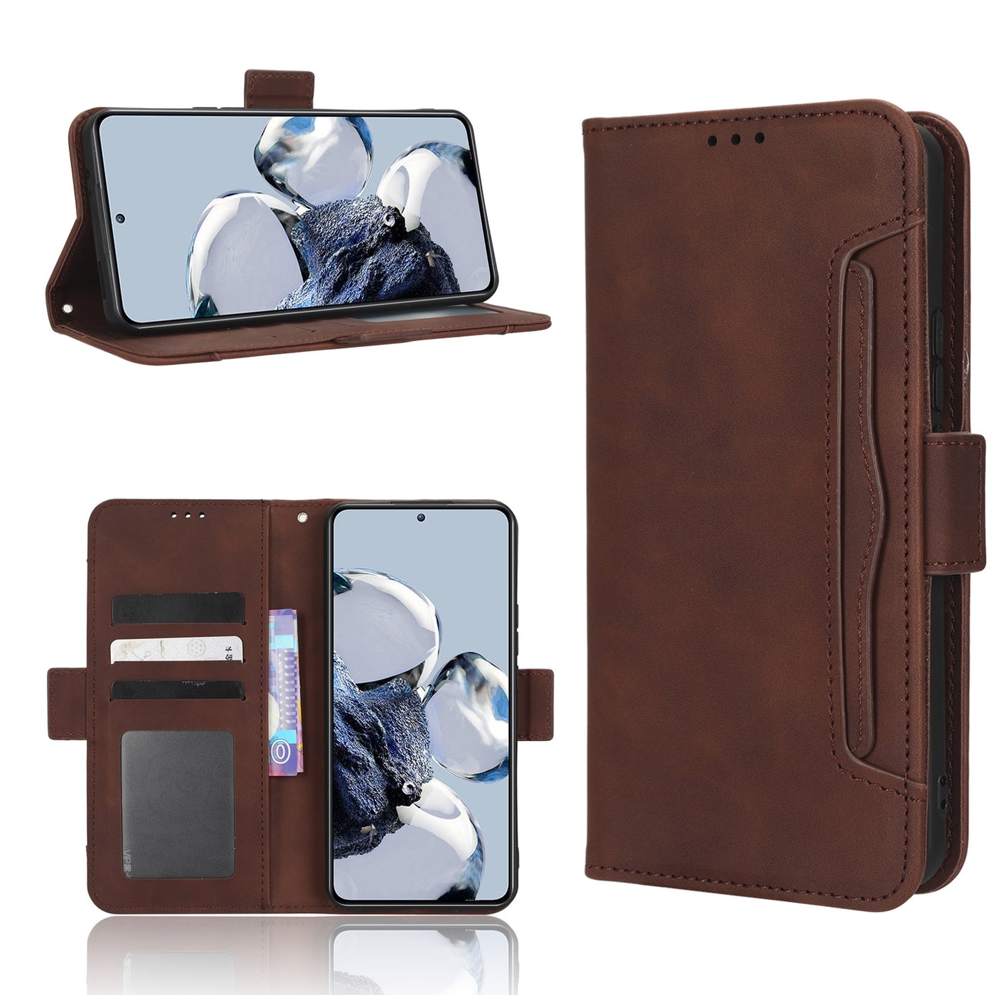 Xiaomi 12T Pro Skin Feel PU Leather Wallet Phone Case with Card Slots, Cash Pocket, Magnetic Closure, Built-In Stand, Full Protection TPU Cover