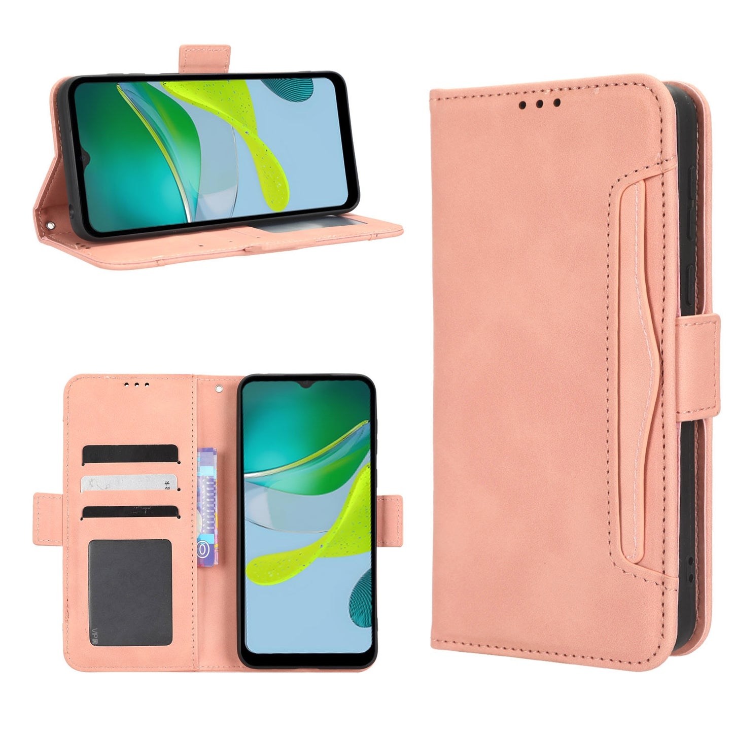 Motorola Moto E13 4G Skin Feel PU Leather Wallet Phone Case with Card Slots, Cash Pocket, Magnetic Closure, Built-In Stand, Full Protection TPU Cover