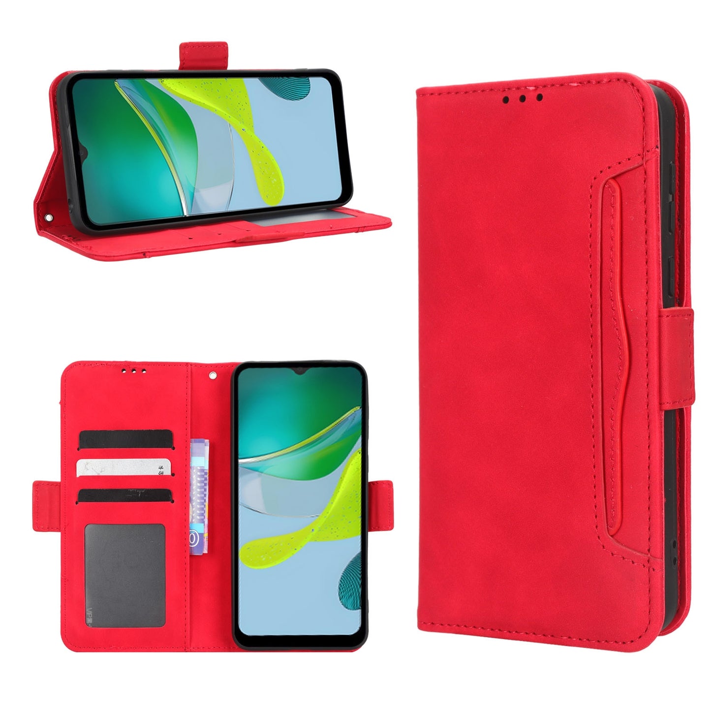 Motorola Moto E13 4G Skin Feel PU Leather Wallet Phone Case with Card Slots, Cash Pocket, Magnetic Closure, Built-In Stand, Full Protection TPU Cover