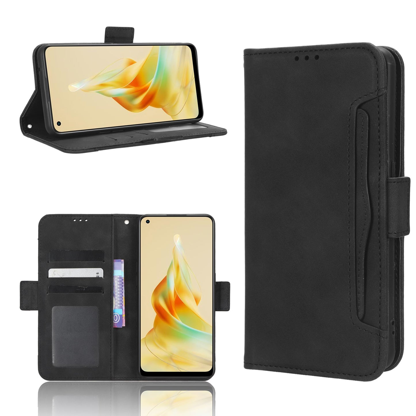 OPPO Reno8 T 4G Skin Feel PU Leather Wallet Phone Case with Card Slots, Cash Pocket, Magnetic Closure, Built-In Stand, Full Protection TPU Cover