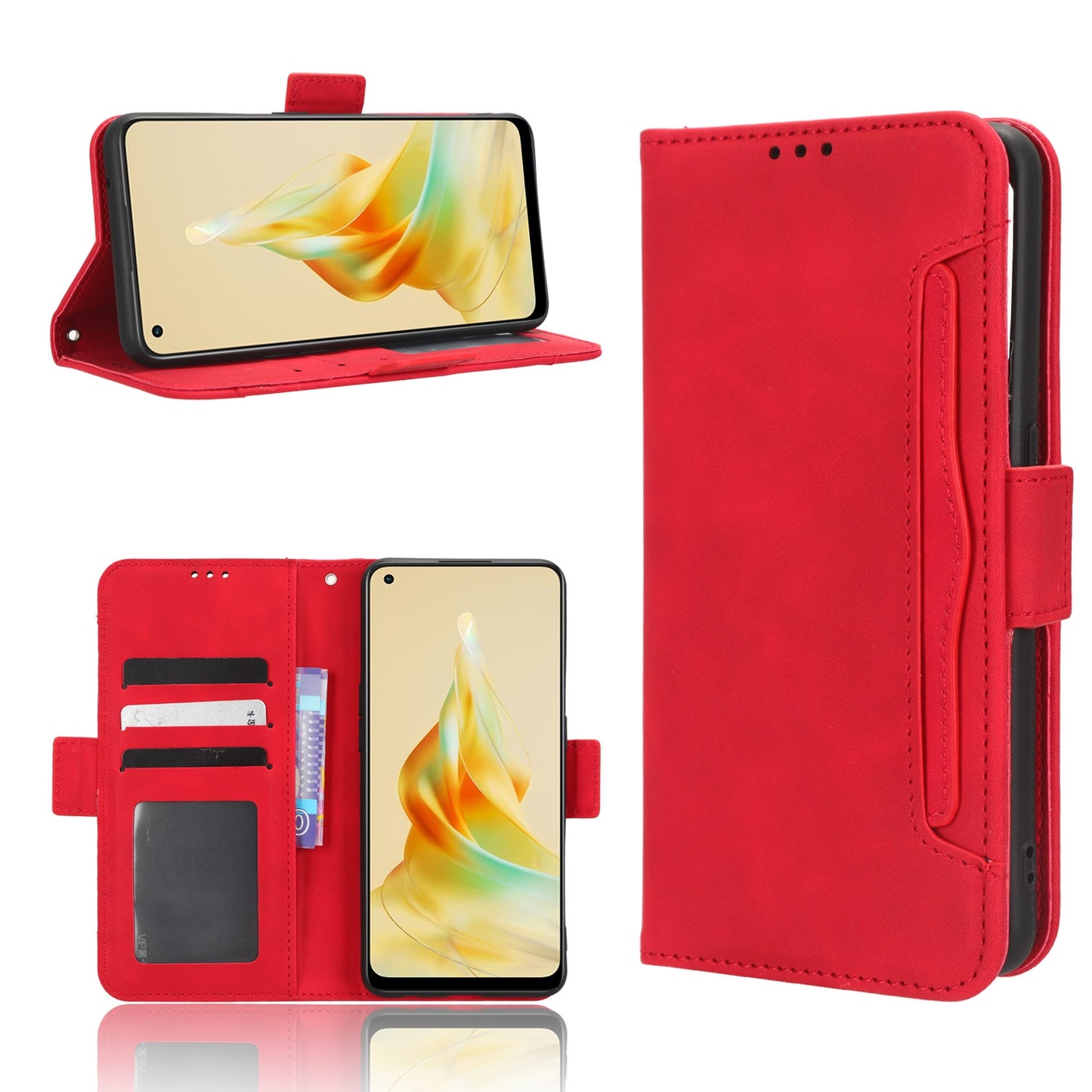 OPPO Reno8 T 4G Skin Feel PU Leather Wallet Phone Case with Card Slots, Cash Pocket, Magnetic Closure, Built-In Stand, Full Protection TPU Cover