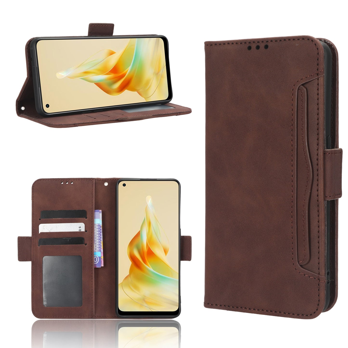 OPPO Reno8 T 4G Skin Feel PU Leather Wallet Phone Case with Card Slots, Cash Pocket, Magnetic Closure, Built-In Stand, Full Protection TPU Cover