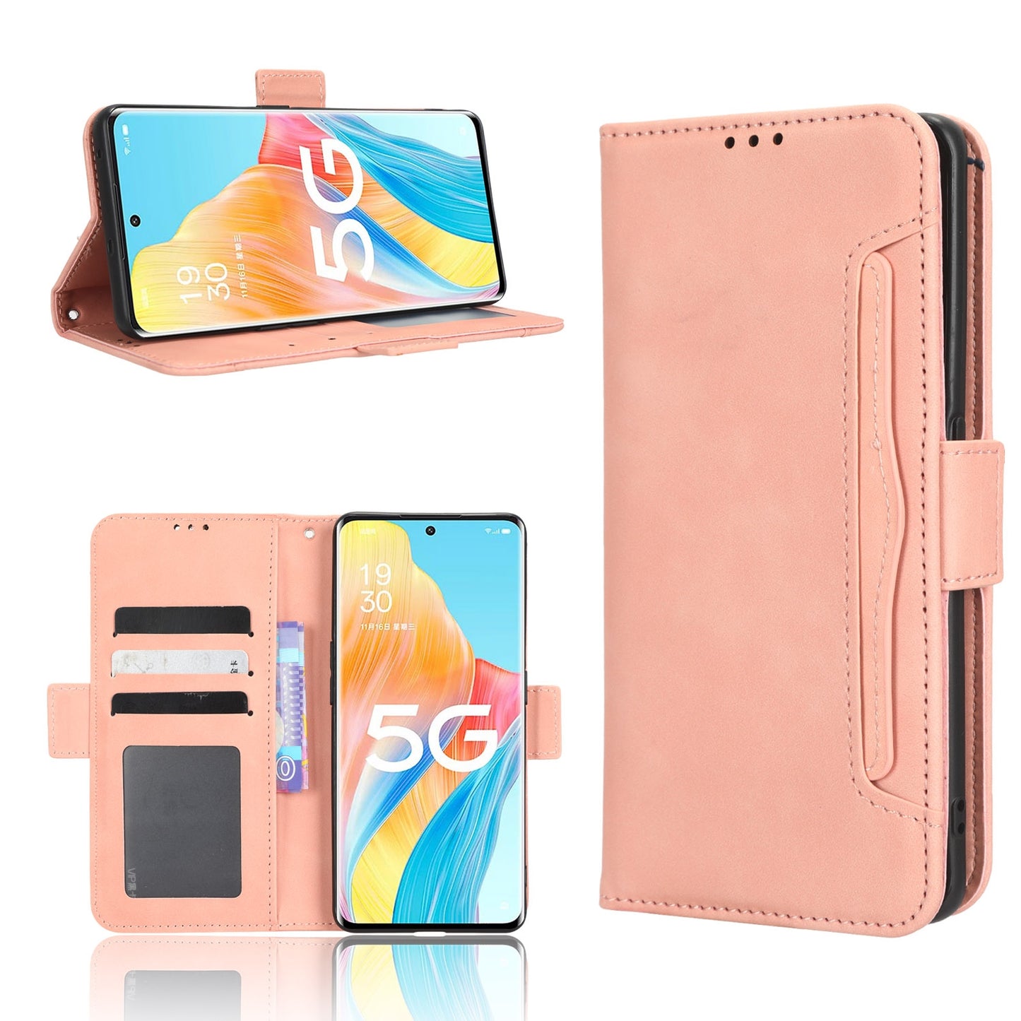 OPPO Reno8 T 5G Skin Feel PU Leather Wallet Phone Case with Card Slots, Cash Pocket, Magnetic Closure, Built-In Stand, Full Protection TPU Cover