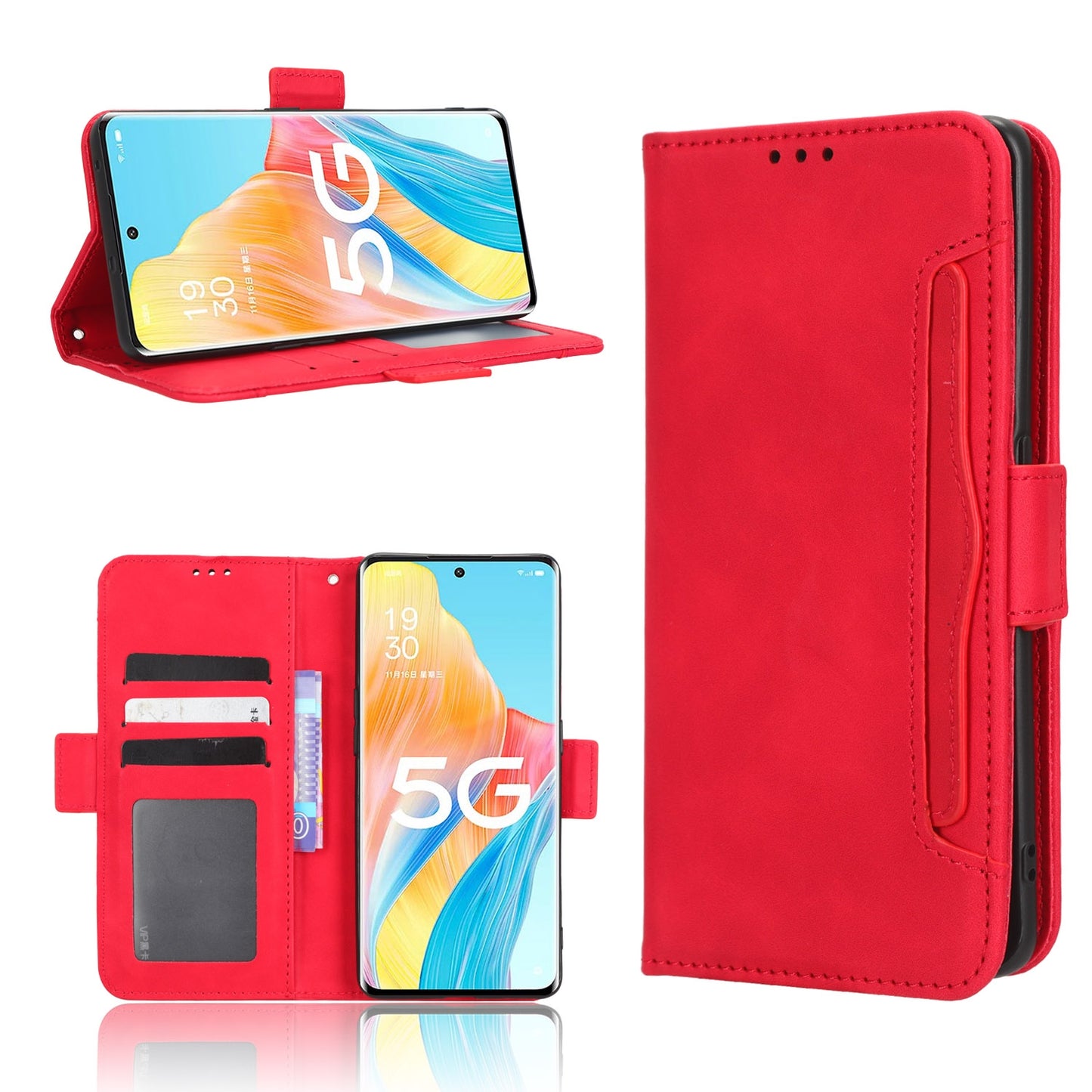 OPPO Reno8 T 5G Skin Feel PU Leather Wallet Phone Case with Card Slots, Cash Pocket, Magnetic Closure, Built-In Stand, Full Protection TPU Cover