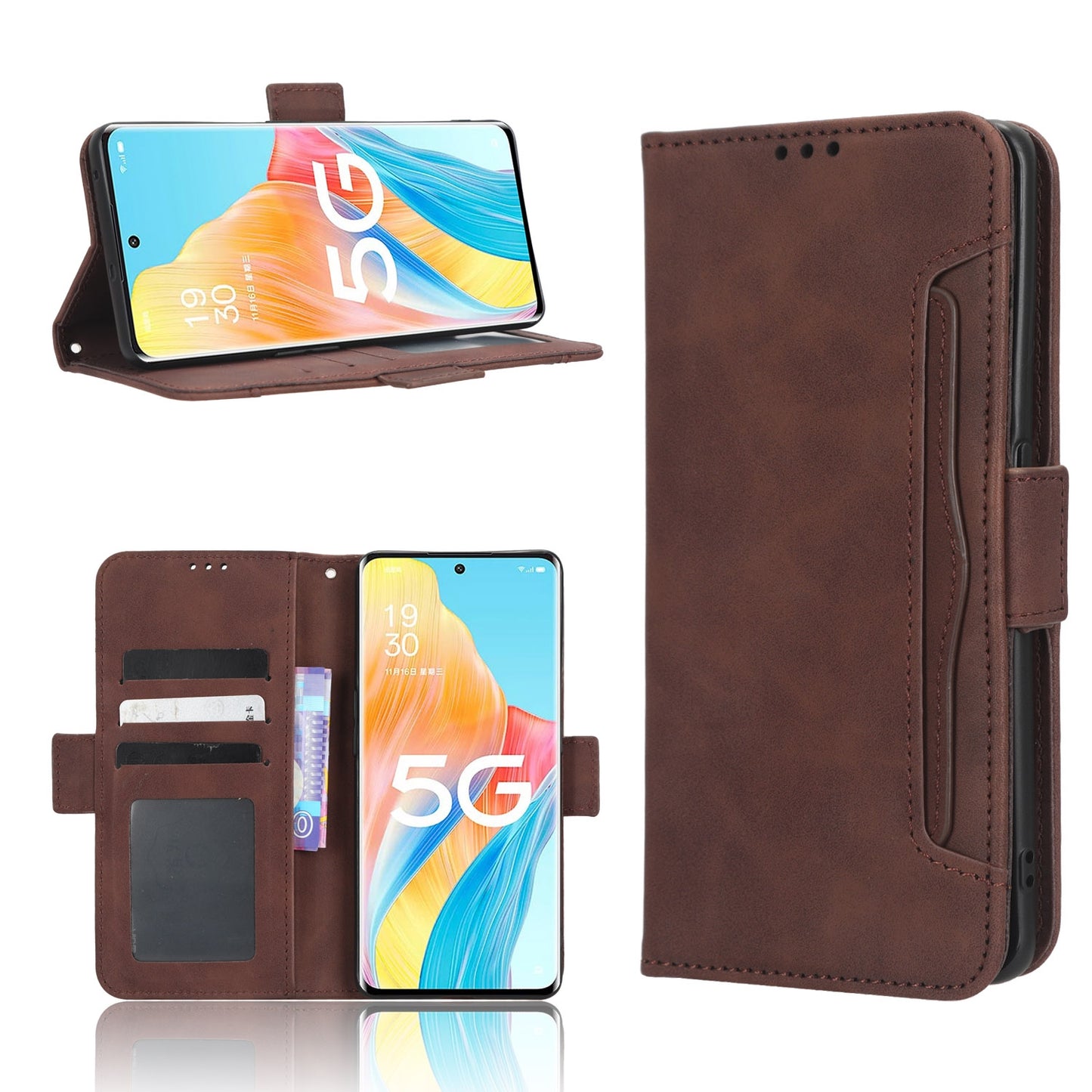 OPPO Reno8 T 5G Skin Feel PU Leather Wallet Phone Case with Card Slots, Cash Pocket, Magnetic Closure, Built-In Stand, Full Protection TPU Cover