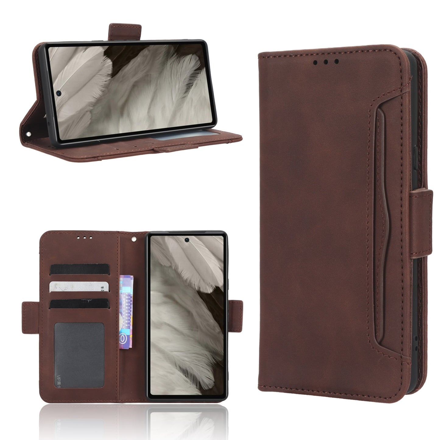 Google Pixel 7a Skin Feel PU Leather Wallet Phone Case with Card Slots, Cash Pocket, Magnetic Closure, Built-In Stand, Full Protection TPU Cover