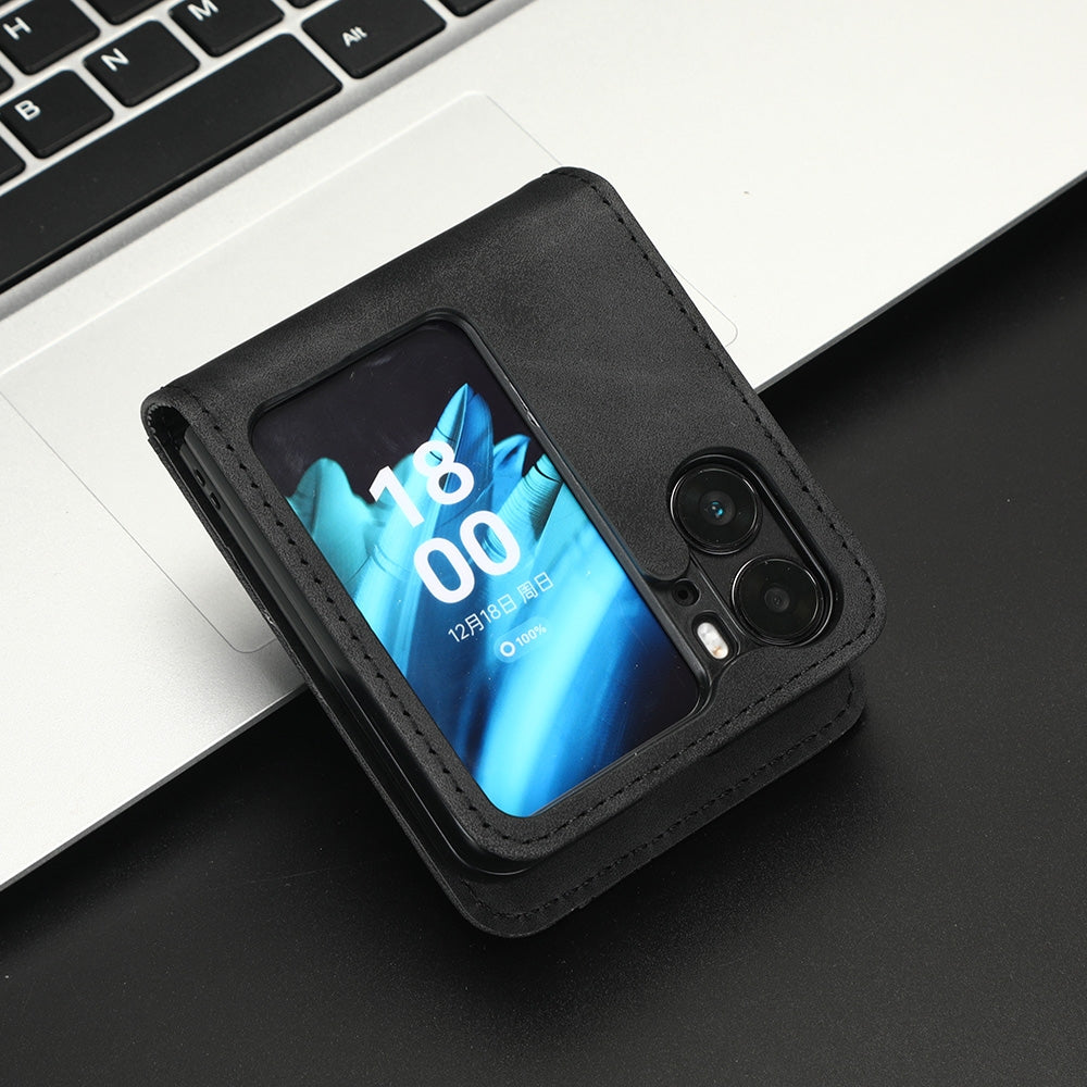 OPPO Find N2 Flip Skin Feel PU Leather Wallet Phone Case with Card Slots, Cash Pocket, Magnetic Closure, Built-In Stand, Full Protection TPU Cover