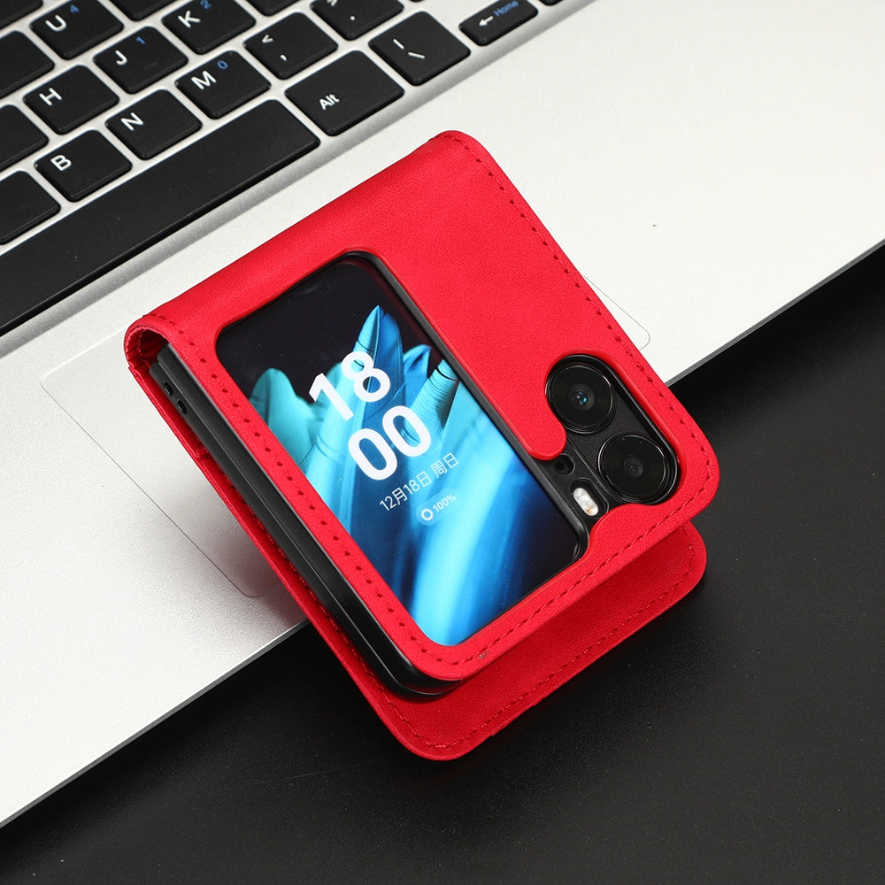 OPPO Find N2 Flip Skin Feel PU Leather Wallet Phone Case with Card Slots, Cash Pocket, Magnetic Closure, Built-In Stand, Full Protection TPU Cover