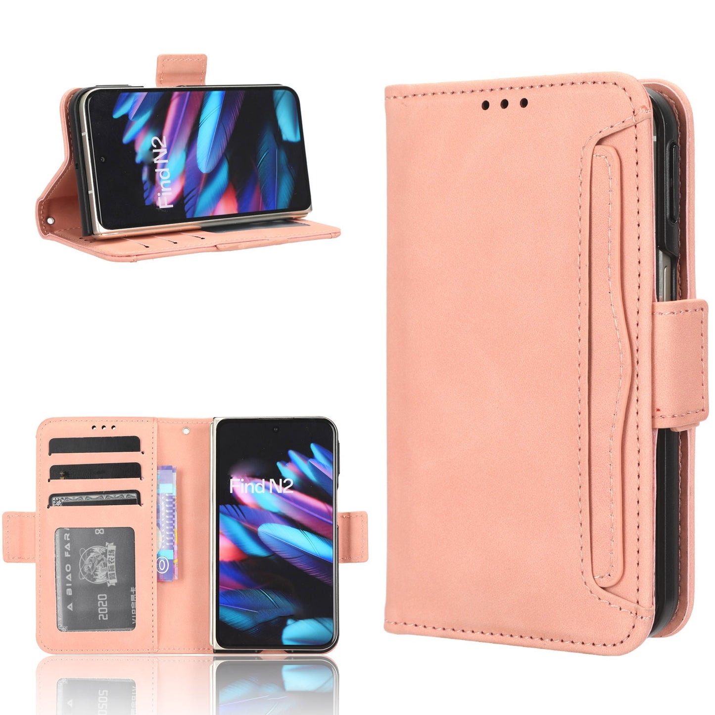 OPPO Find N2 Skin Feel PU Leather Wallet Phone Case with Card Slots, Cash Pocket, Magnetic Closure, Built-In Stand, Full Protection TPU Cover