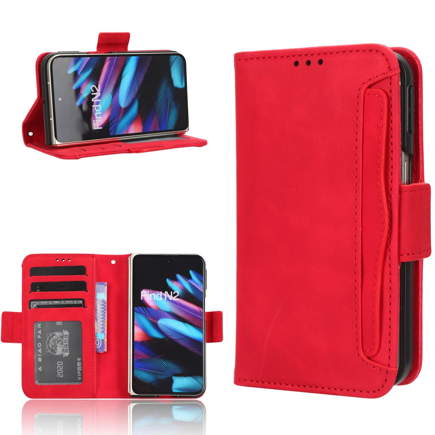 OPPO Find N2 Skin Feel PU Leather Wallet Phone Case with Card Slots, Cash Pocket, Magnetic Closure, Built-In Stand, Full Protection TPU Cover