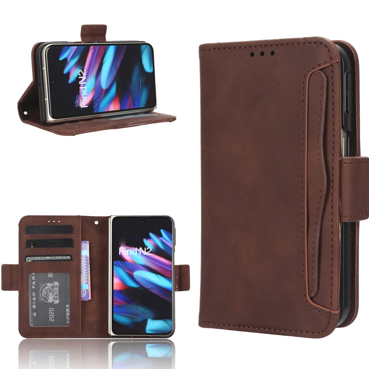 OPPO Find N2 Skin Feel PU Leather Wallet Phone Case with Card Slots, Cash Pocket, Magnetic Closure, Built-In Stand, Full Protection TPU Cover