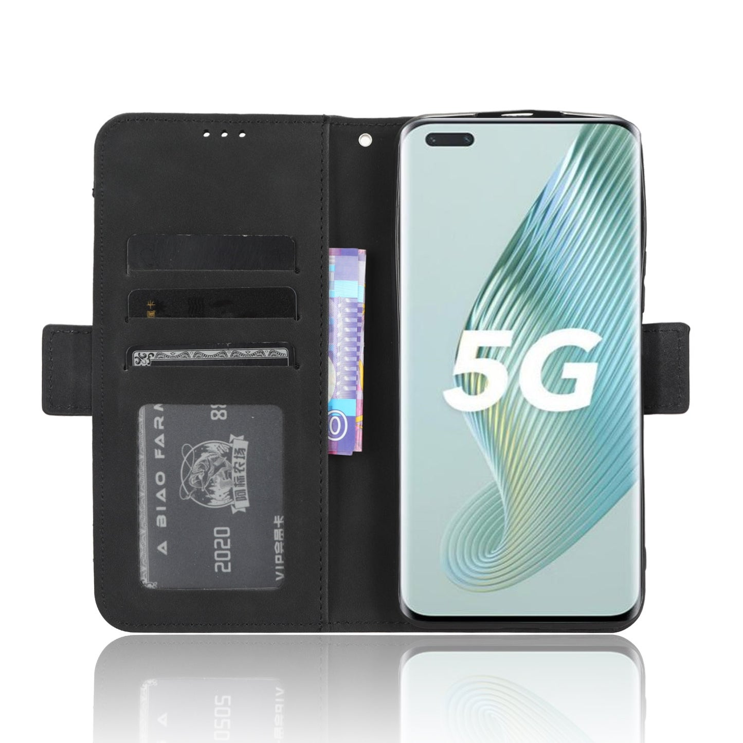 Honor Magic5 Pro Skin Feel PU Leather Wallet Phone Case with Card Slots, Cash Pocket, Magnetic Closure, Built-In Stand, Full Protection TPU Cover