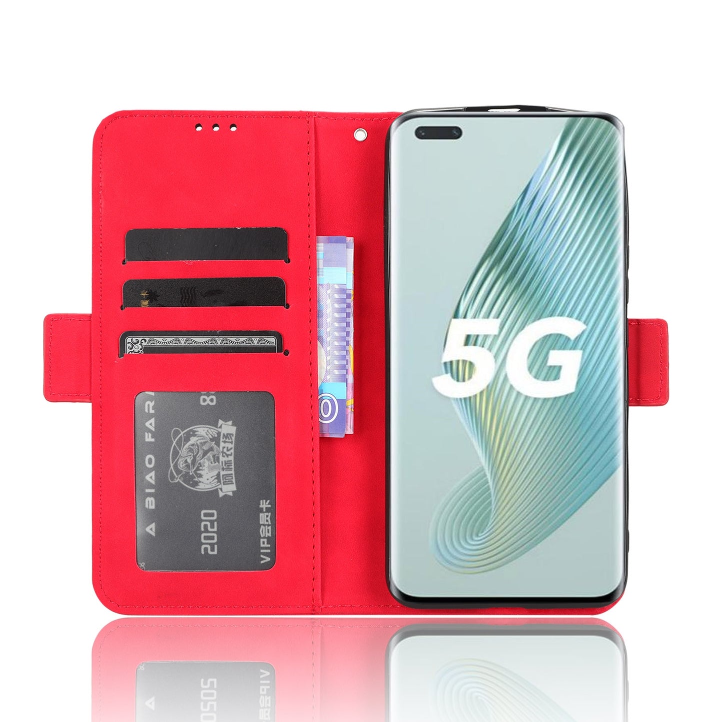 Honor Magic5 Pro Skin Feel PU Leather Wallet Phone Case with Card Slots, Cash Pocket, Magnetic Closure, Built-In Stand, Full Protection TPU Cover