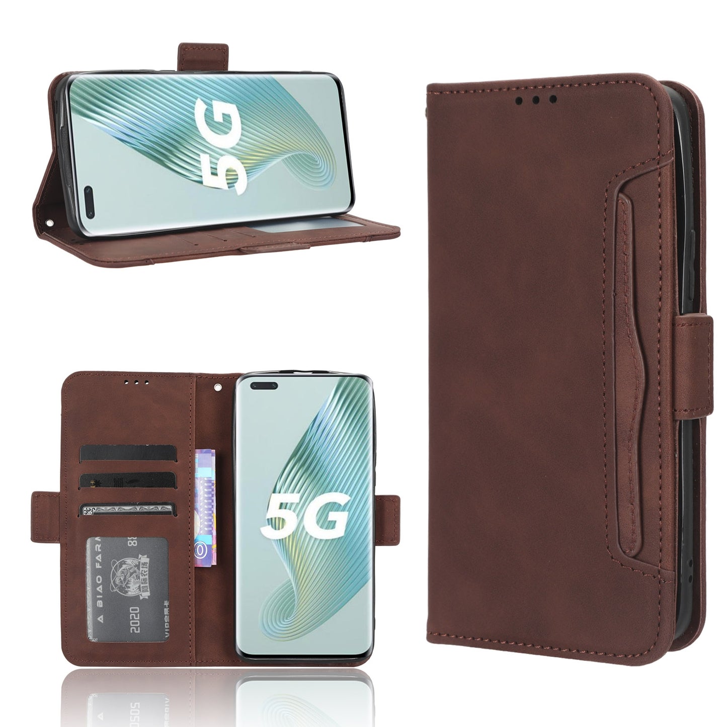 Honor Magic5 Pro Skin Feel PU Leather Wallet Phone Case with Card Slots, Cash Pocket, Magnetic Closure, Built-In Stand, Full Protection TPU Cover