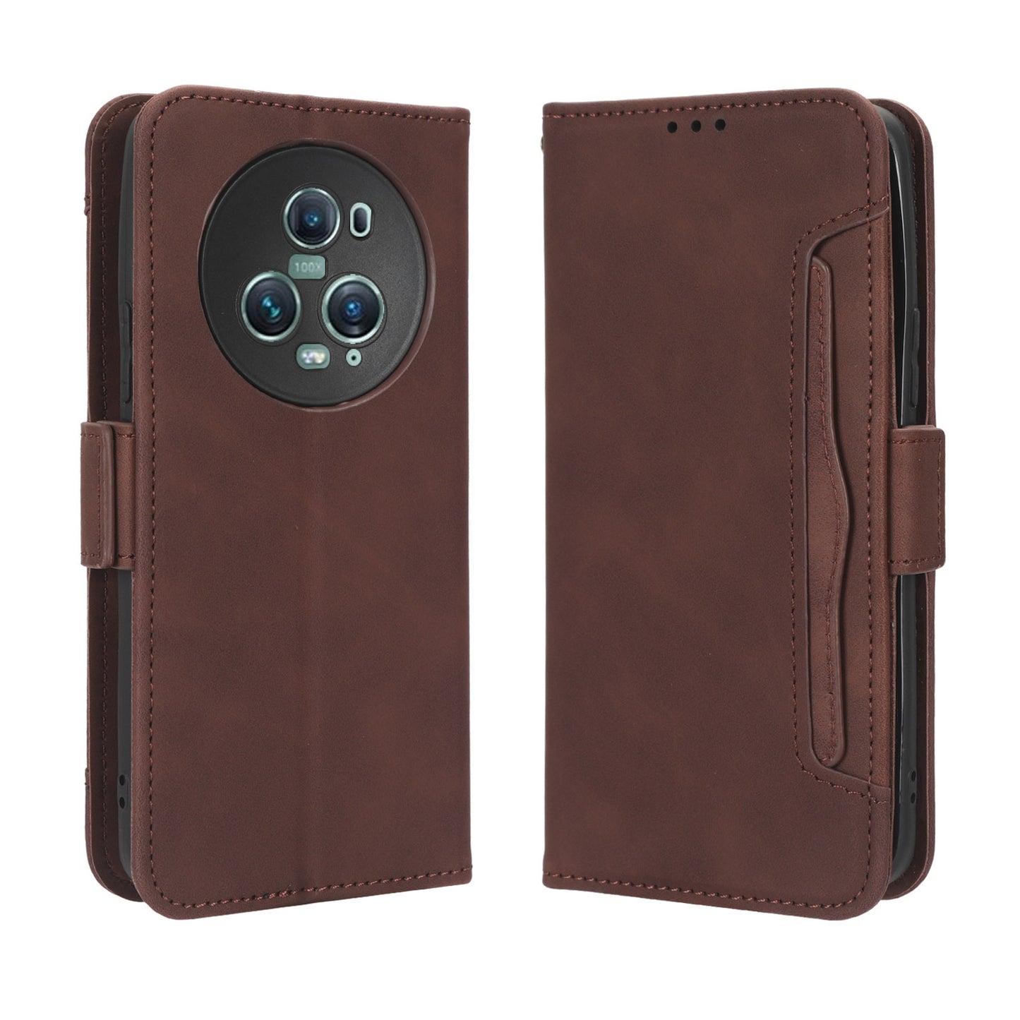 Honor Magic5 Pro Skin Feel PU Leather Wallet Phone Case with Card Slots, Cash Pocket, Magnetic Closure, Built-In Stand, Full Protection TPU Cover