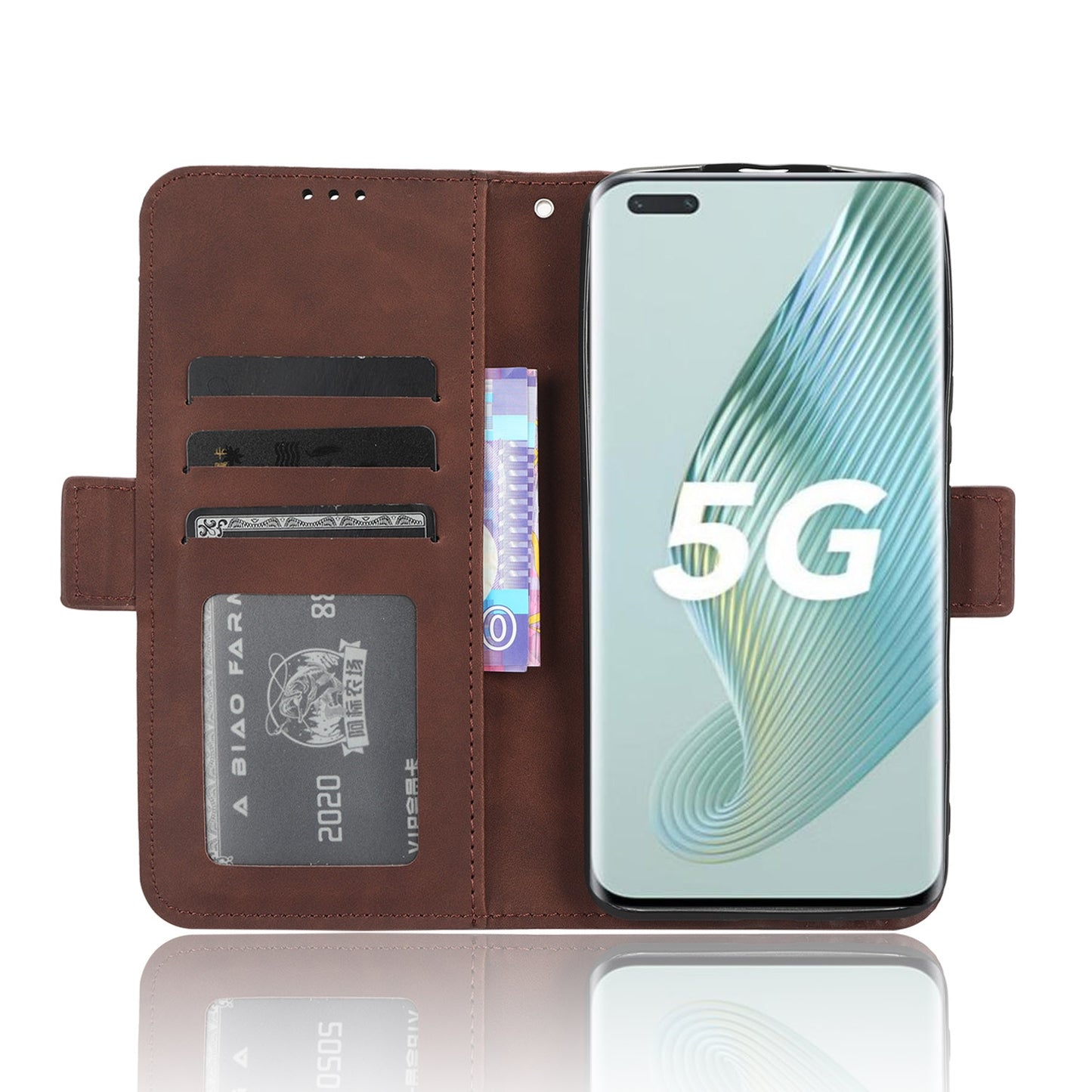 Honor Magic5 Pro Skin Feel PU Leather Wallet Phone Case with Card Slots, Cash Pocket, Magnetic Closure, Built-In Stand, Full Protection TPU Cover