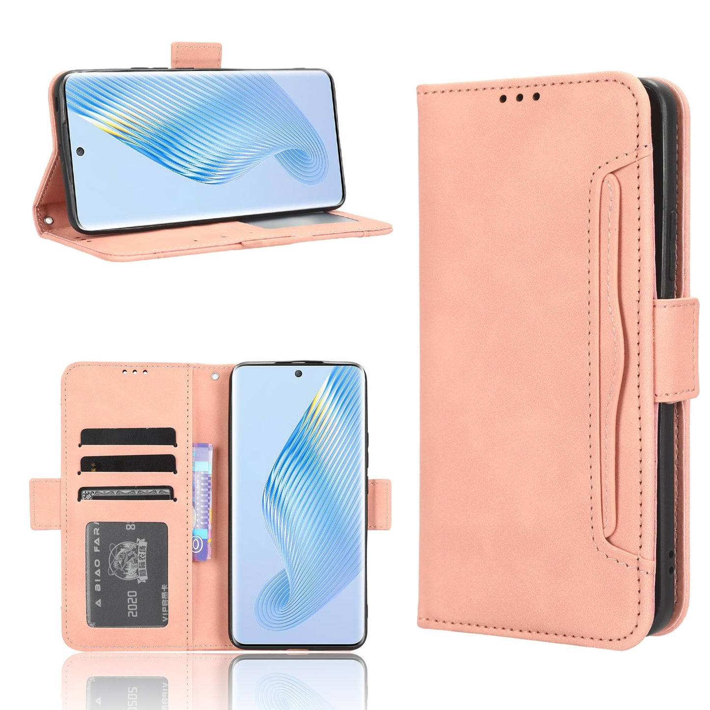Honor Magic5 Skin Feel PU Leather Wallet Phone Case with Card Slots, Cash Pocket, Magnetic Closure, Built-In Stand, Full Protection TPU Cover