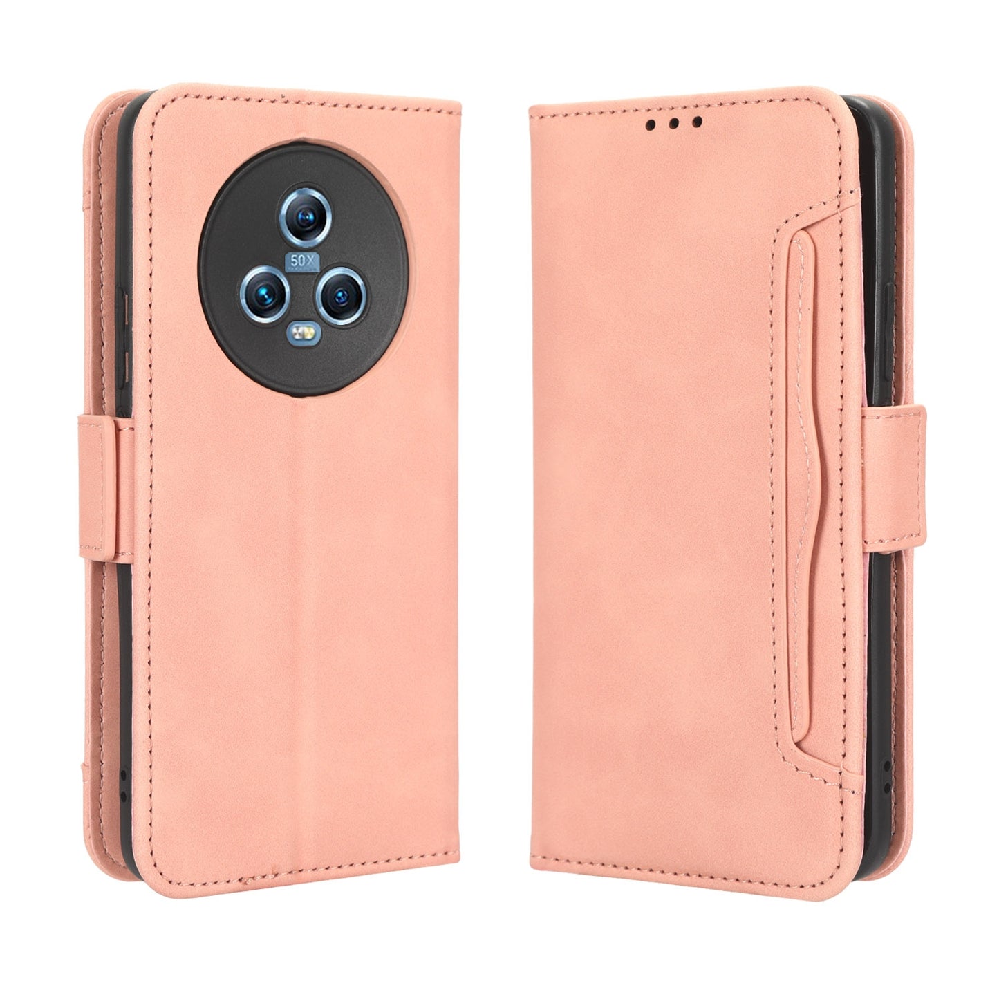 Honor Magic5 Skin Feel PU Leather Wallet Phone Case with Card Slots, Cash Pocket, Magnetic Closure, Built-In Stand, Full Protection TPU Cover