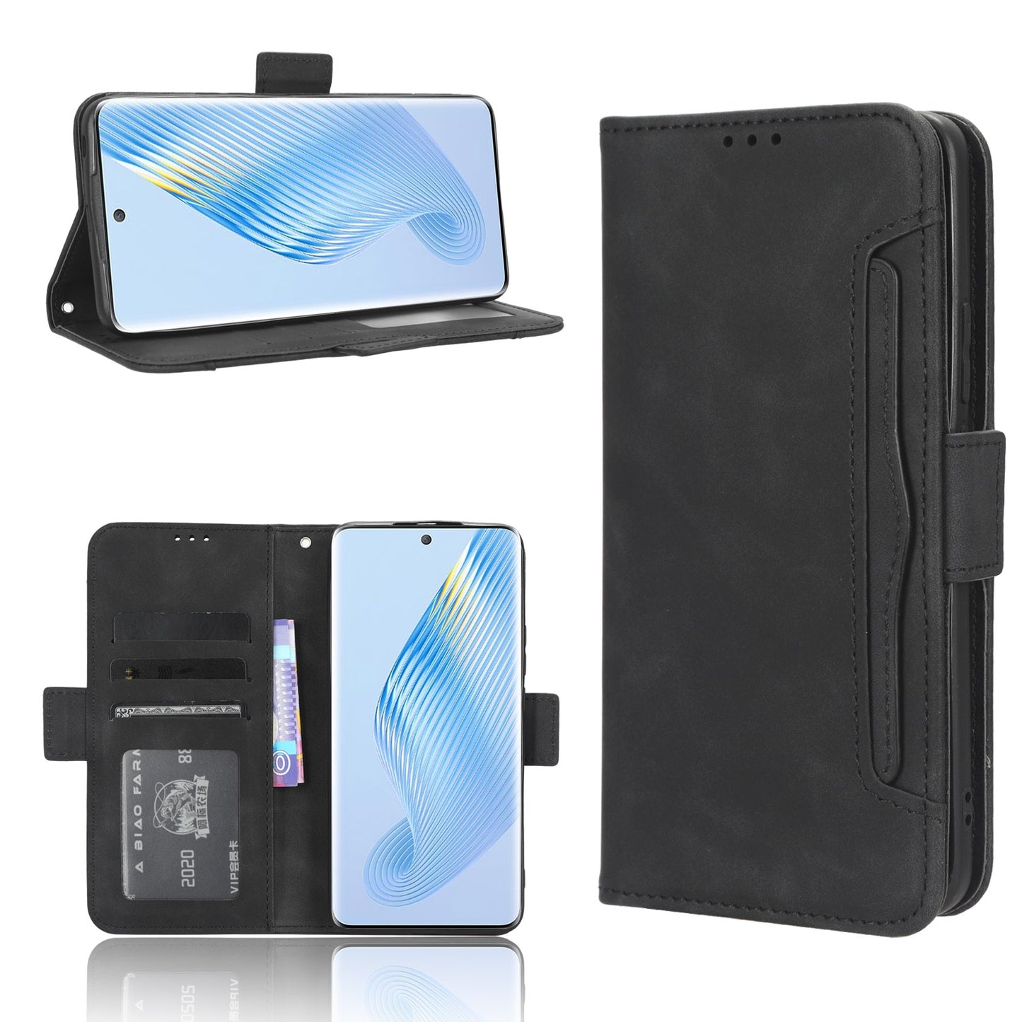 Honor Magic5 Skin Feel PU Leather Wallet Phone Case with Card Slots, Cash Pocket, Magnetic Closure, Built-In Stand, Full Protection TPU Cover