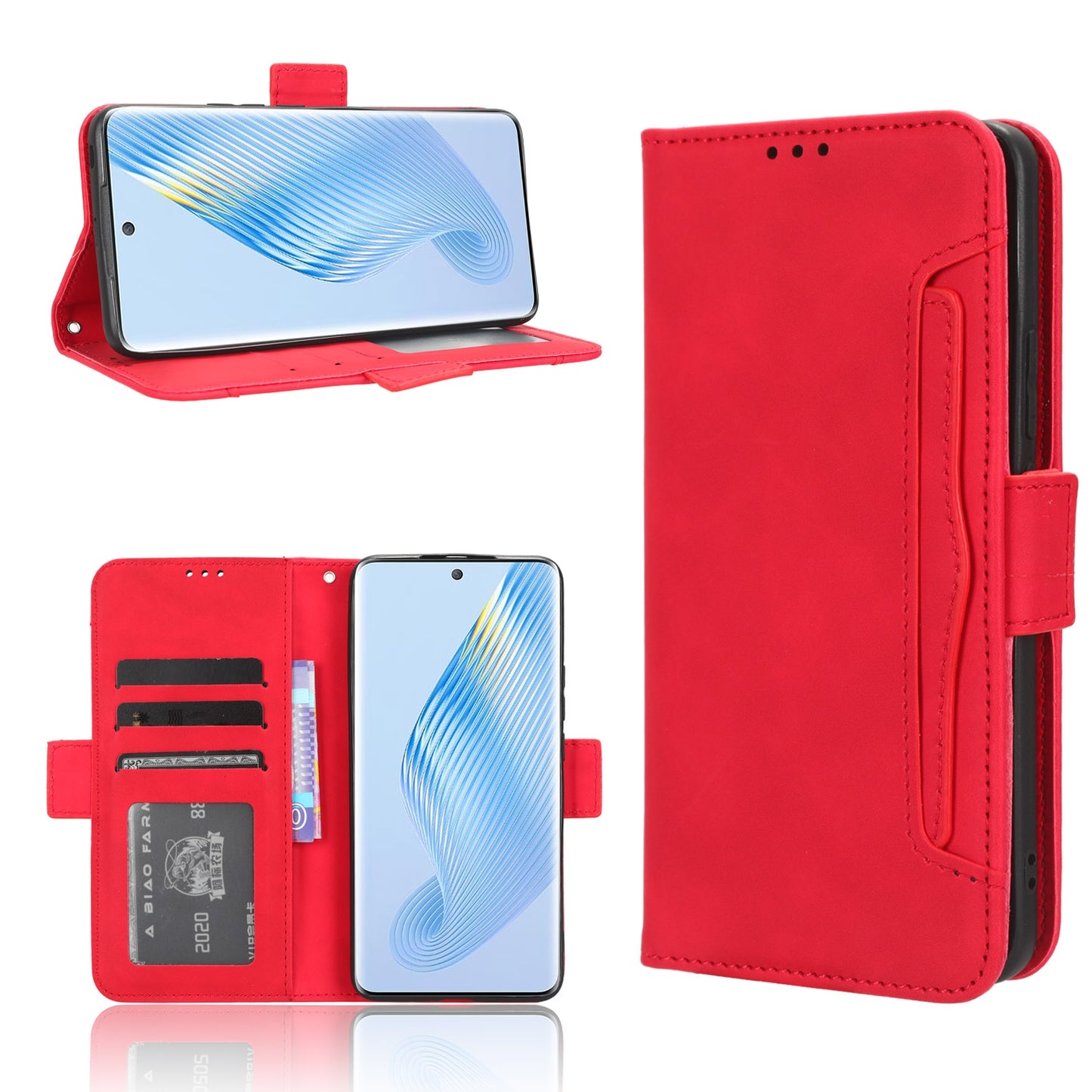 Honor Magic5 Skin Feel PU Leather Wallet Phone Case with Card Slots, Cash Pocket, Magnetic Closure, Built-In Stand, Full Protection TPU Cover