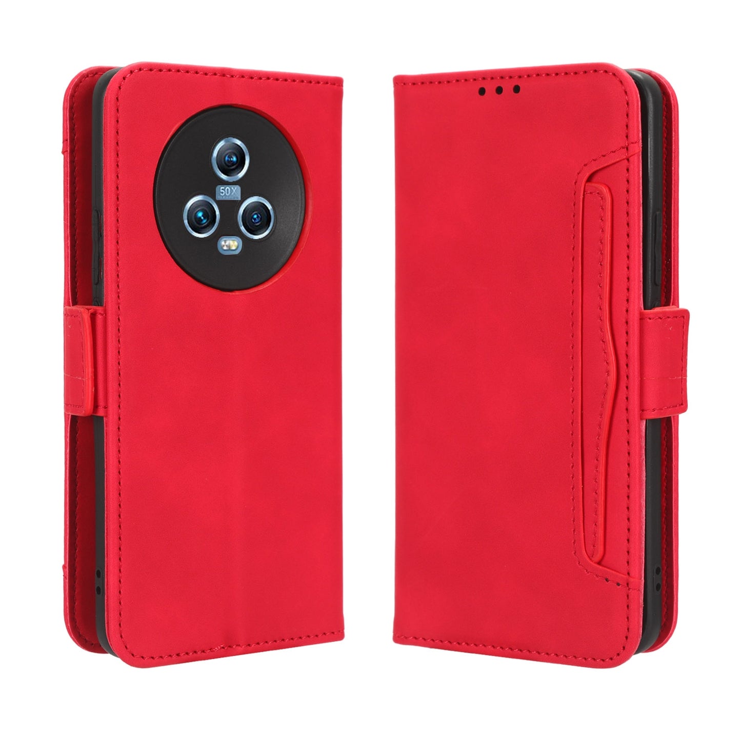 Honor Magic5 Skin Feel PU Leather Wallet Phone Case with Card Slots, Cash Pocket, Magnetic Closure, Built-In Stand, Full Protection TPU Cover