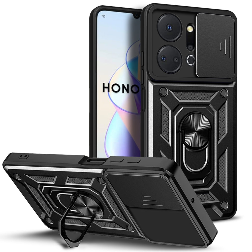 Honor X7a 5G Sliding Camera Cover Magnetic Ring Stand Shockproof TPU + PC Protective Phone Case