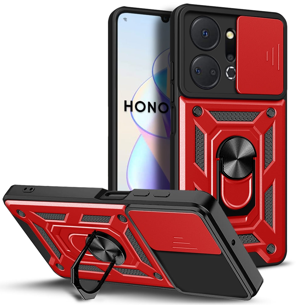 Honor X7a 5G Sliding Camera Cover Magnetic Ring Stand Shockproof TPU + PC Protective Phone Case