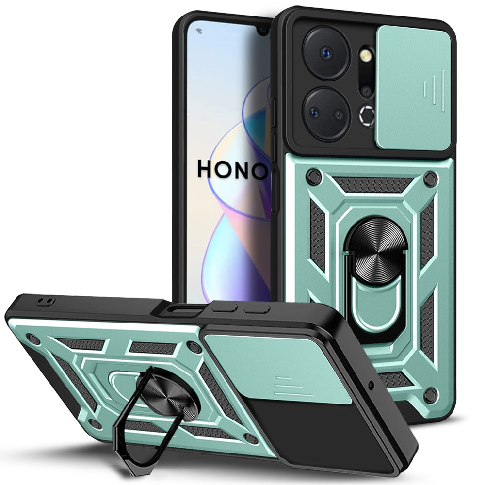 Honor X7a 5G Sliding Camera Cover Magnetic Ring Stand Shockproof TPU + PC Protective Phone Case