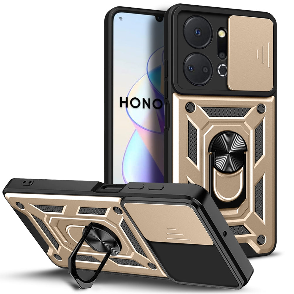Honor X7a 5G Sliding Camera Cover Magnetic Ring Stand Shockproof TPU + PC Protective Phone Case