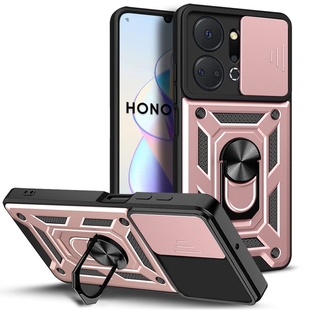 Honor X7a 5G Sliding Camera Cover Magnetic Ring Stand Shockproof TPU + PC Protective Phone Case
