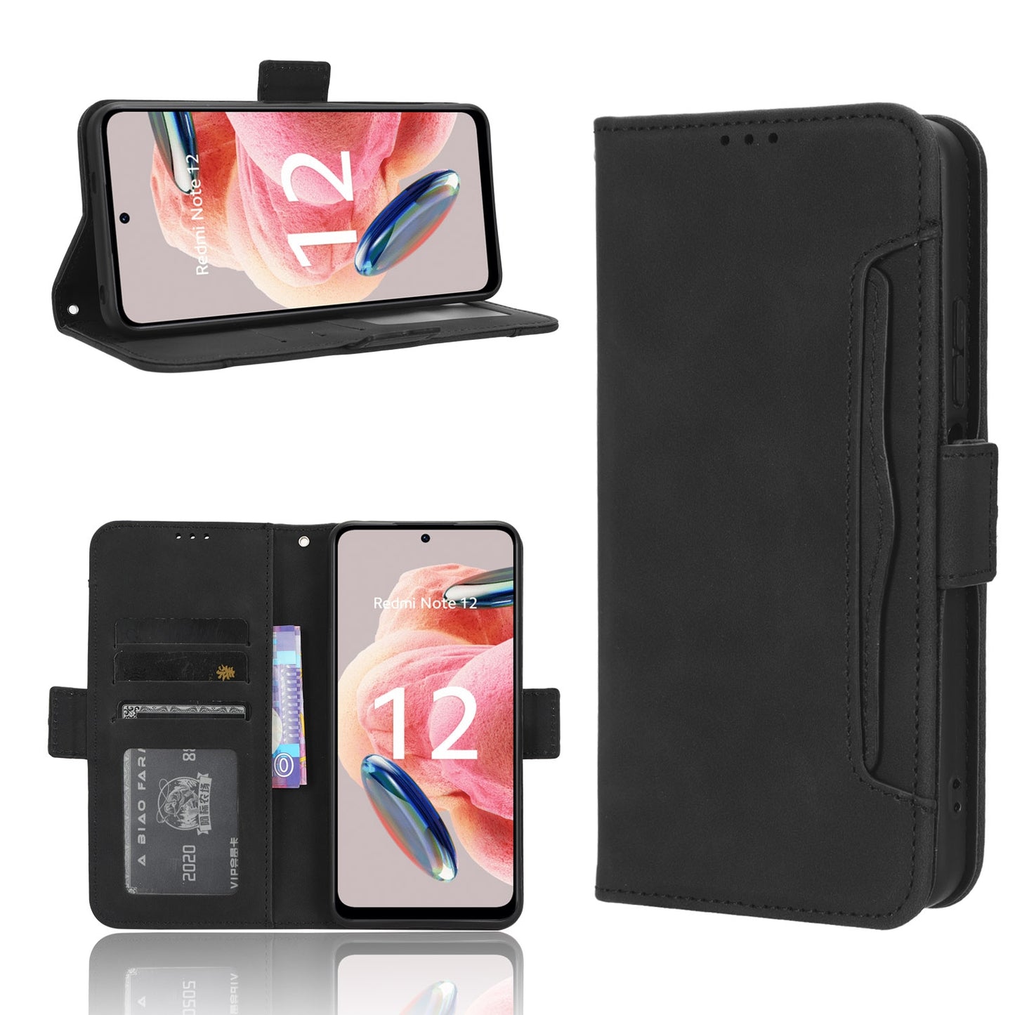 Xiaomi Redmi Note 12 4G Skin Feel PU Leather Wallet Phone Case with Card Slots, Cash Pocket, Magnetic Closure, Built-In Stand, Full Protection TPU Cover