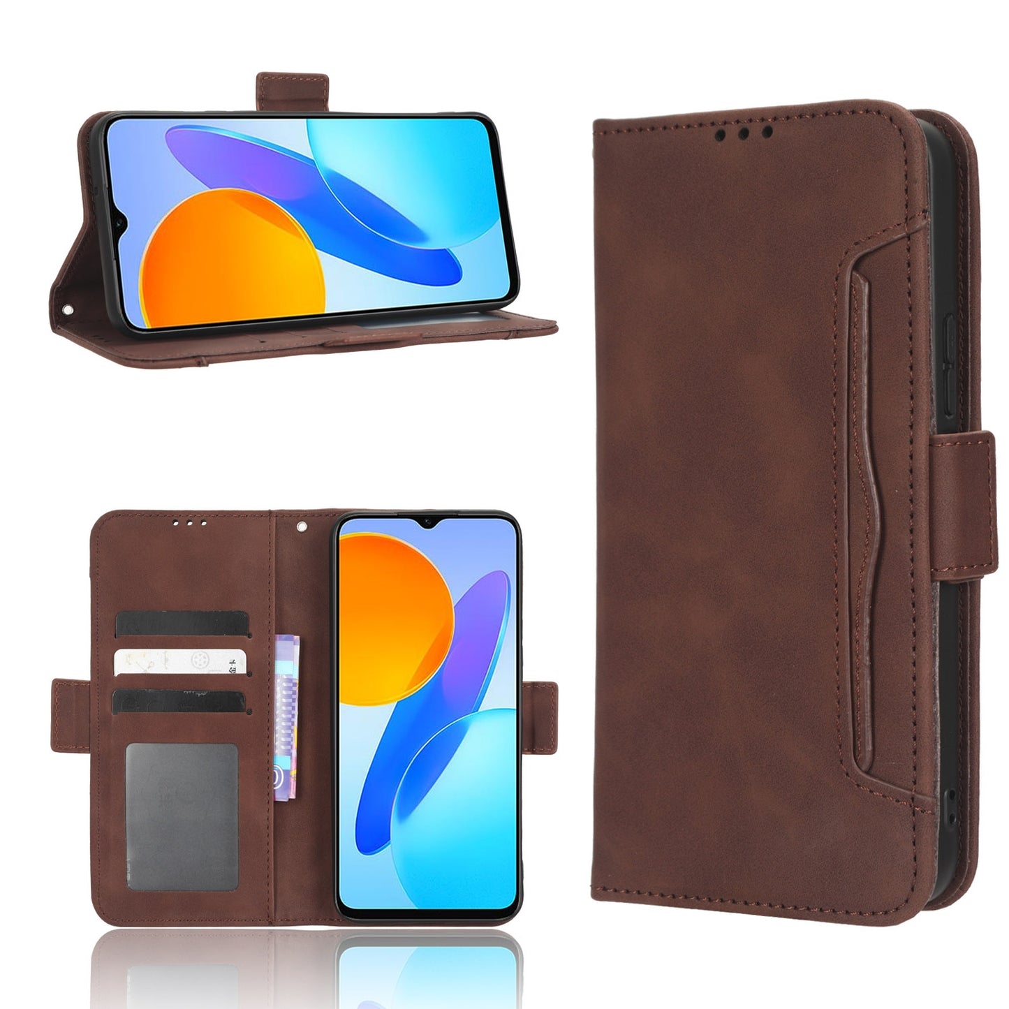 Honor X6 4G Skin Feel PU Leather Wallet Phone Case with Card Slots, Cash Pocket, Magnetic Closure, Built-In Stand, Full Protection TPU Cover