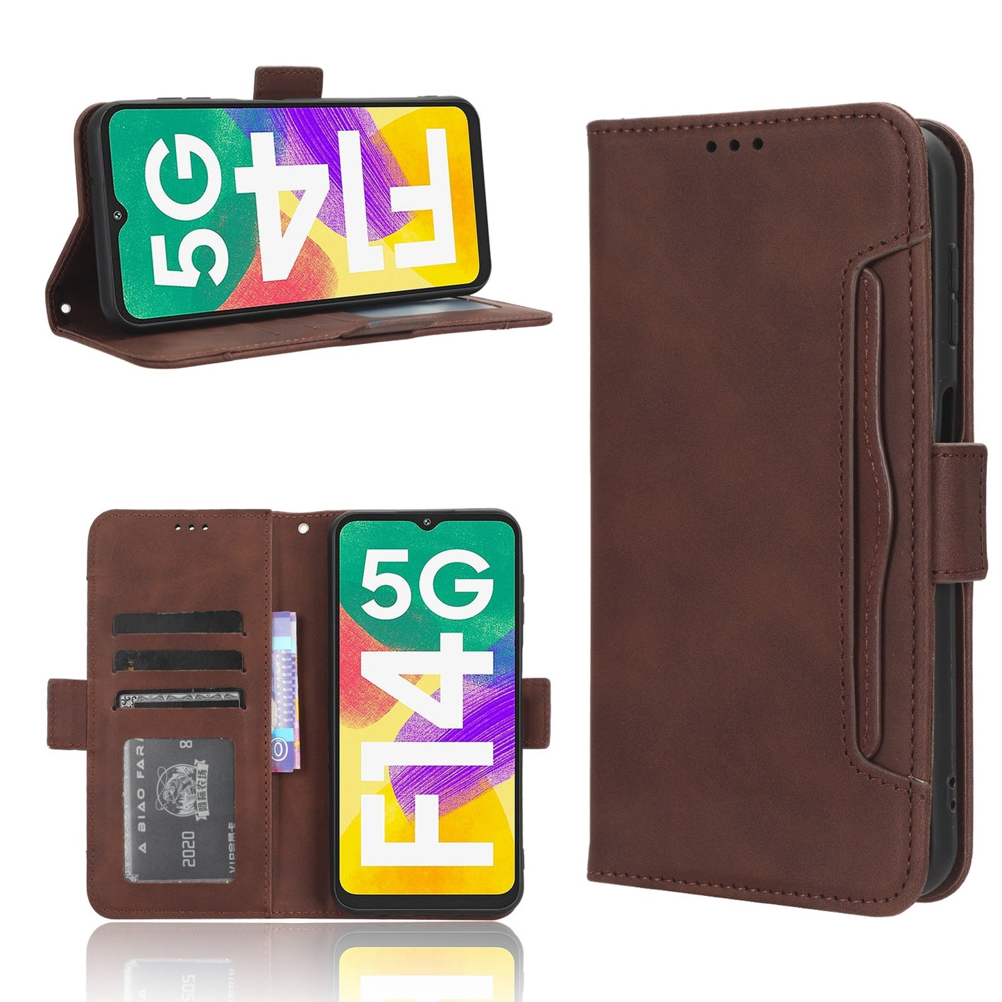 Samsung Galaxy F14 Skin Feel PU Leather Wallet Phone Case with Card Slots, Cash Pocket, Magnetic Closure, Built-In Stand, Full Protection TPU Cover