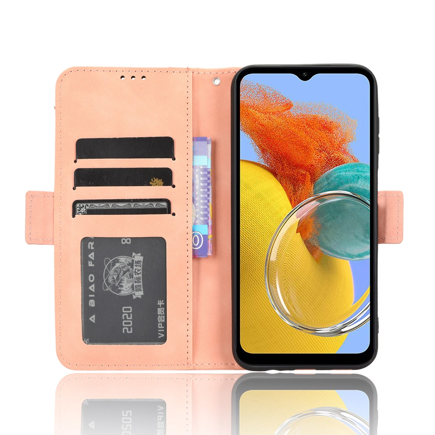 Samsung Galaxy M14 5G Skin Feel PU Leather Wallet Phone Case with Card Slots, Cash Pocket, Magnetic Closure, Built-In Stand, Full Protection TPU Cover