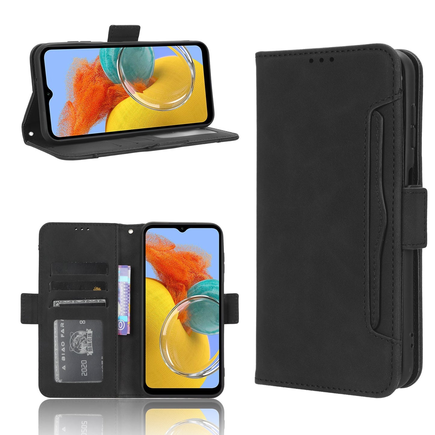 Samsung Galaxy M14 5G Skin Feel PU Leather Wallet Phone Case with Card Slots, Cash Pocket, Magnetic Closure, Built-In Stand, Full Protection TPU Cover