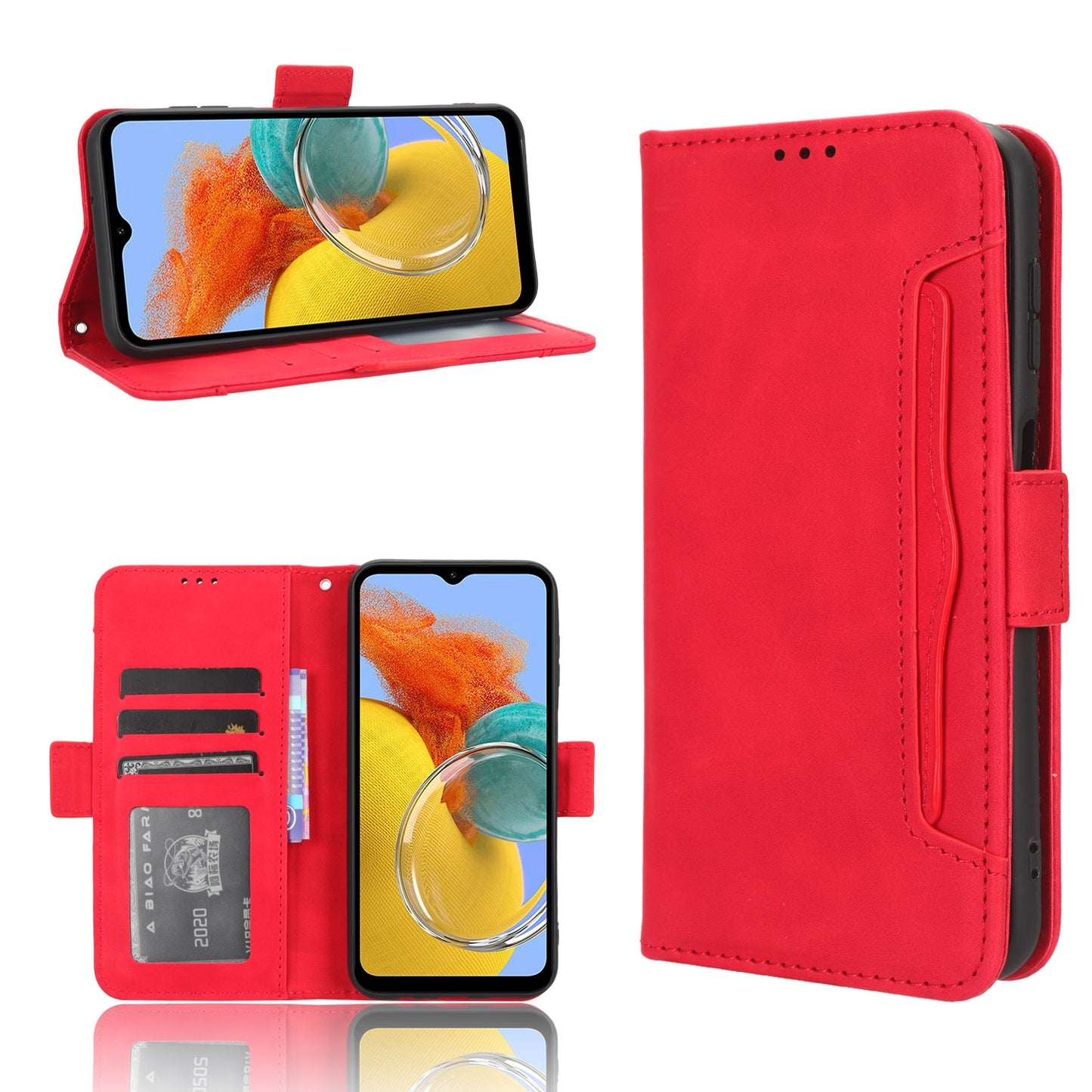 Samsung Galaxy M14 5G Skin Feel PU Leather Wallet Phone Case with Card Slots, Cash Pocket, Magnetic Closure, Built-In Stand, Full Protection TPU Cover